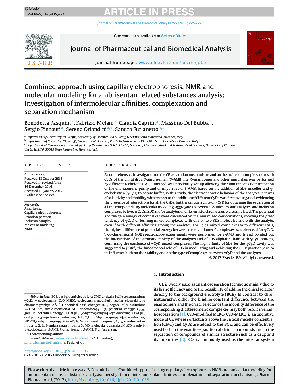 Combined approach using capillary electrophoresis, NMR and molecular modeling for ambrisentan related substances analysis: Investigation of intermolecular affinities, complexation and separation mechanism