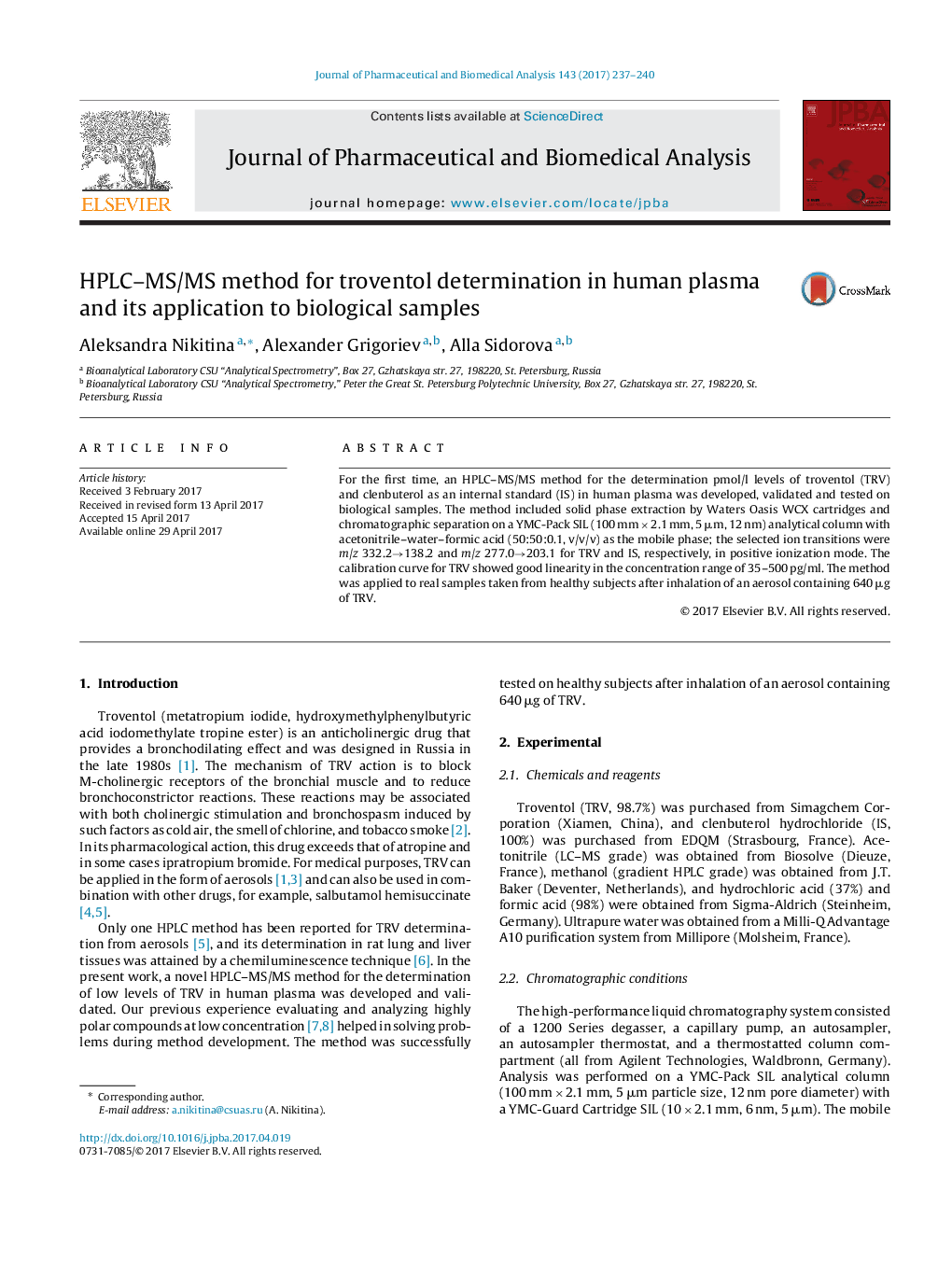 HPLC-MS/MS method for troventol determination in human plasma and its application to biological samples