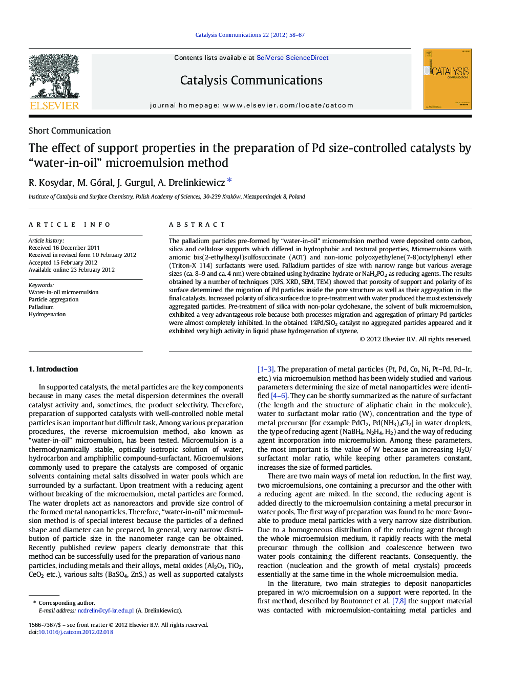 The effect of support properties in the preparation of Pd size-controlled catalysts by “water-in-oil” microemulsion method