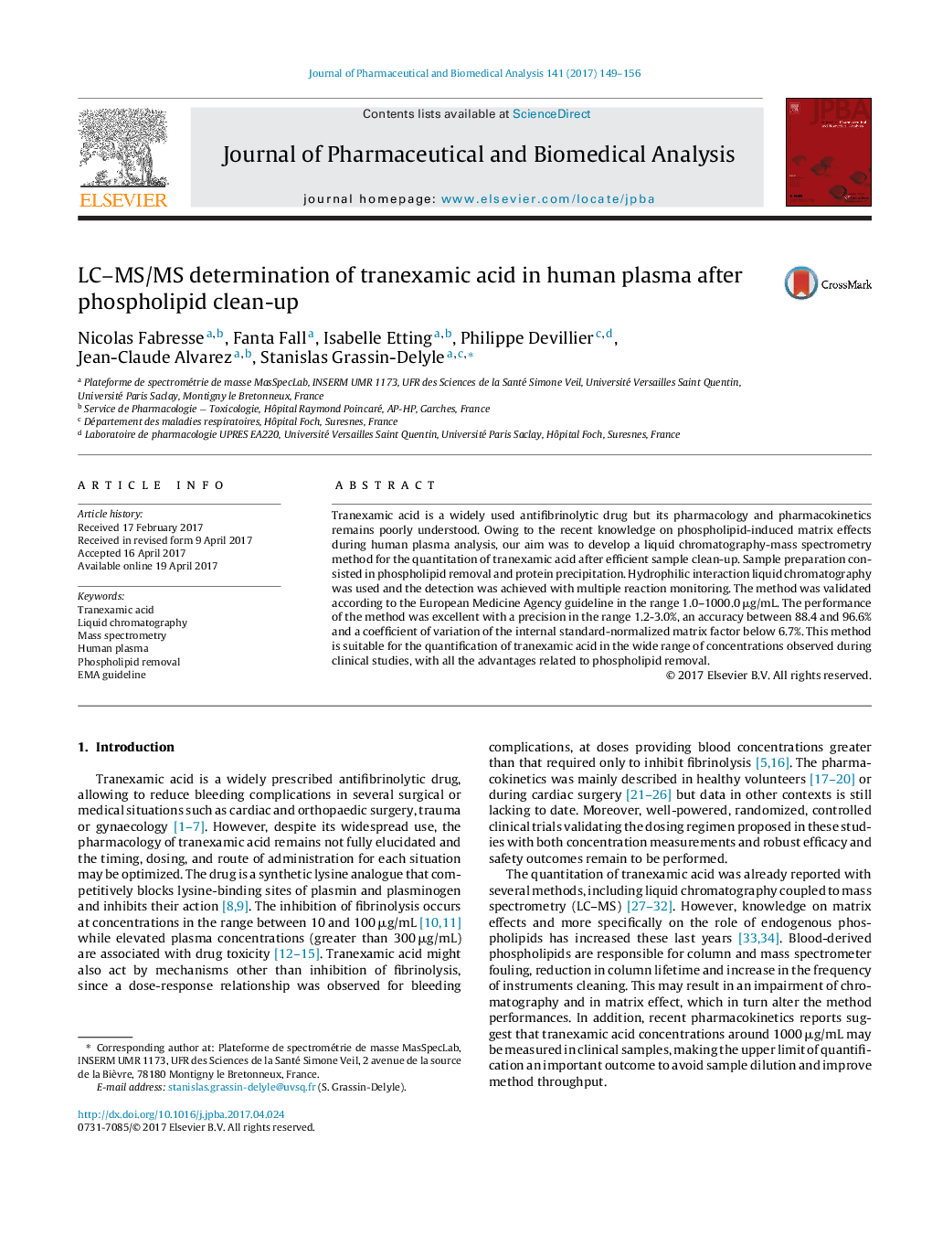 LC-MS/MS determination of tranexamic acid in human plasma after phospholipid clean-up