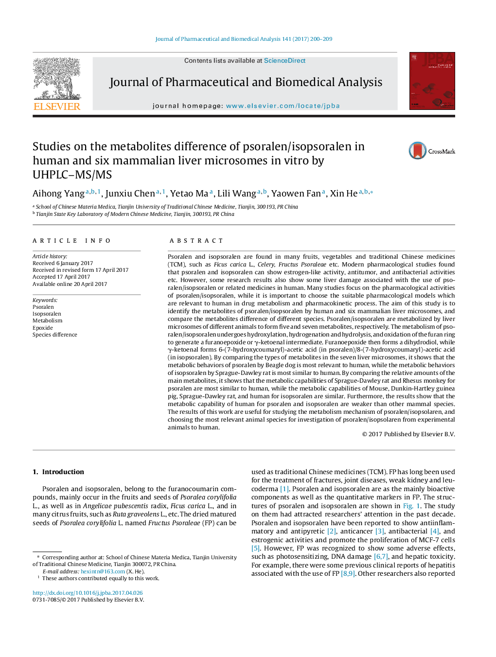 Studies on the metabolites difference of psoralen/isopsoralen in human and six mammalian liver microsomes in vitro by UHPLC-MS/MS