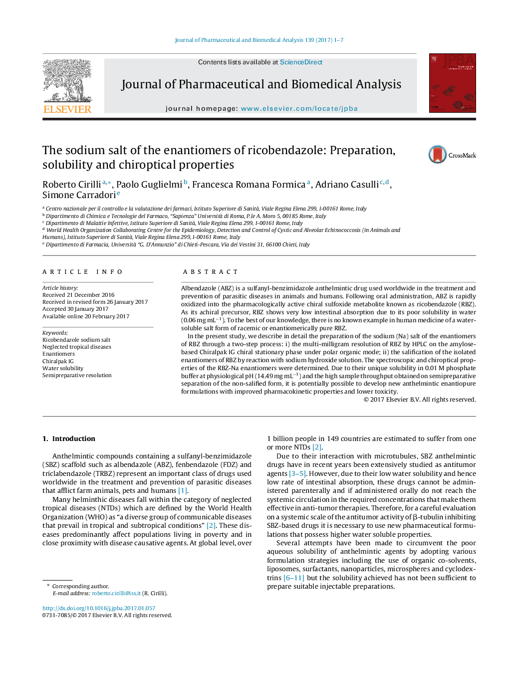 The sodium salt of the enantiomers of ricobendazole: Preparation, solubility and chiroptical properties