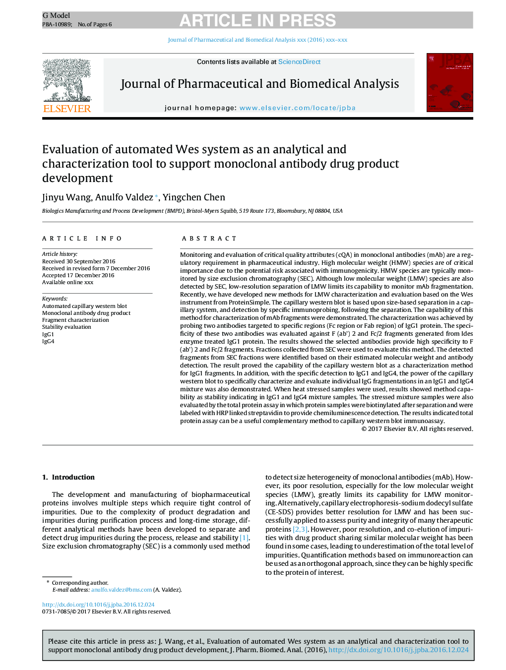 Evaluation of automated Wes system as an analytical and characterization tool to support monoclonal antibody drug product development