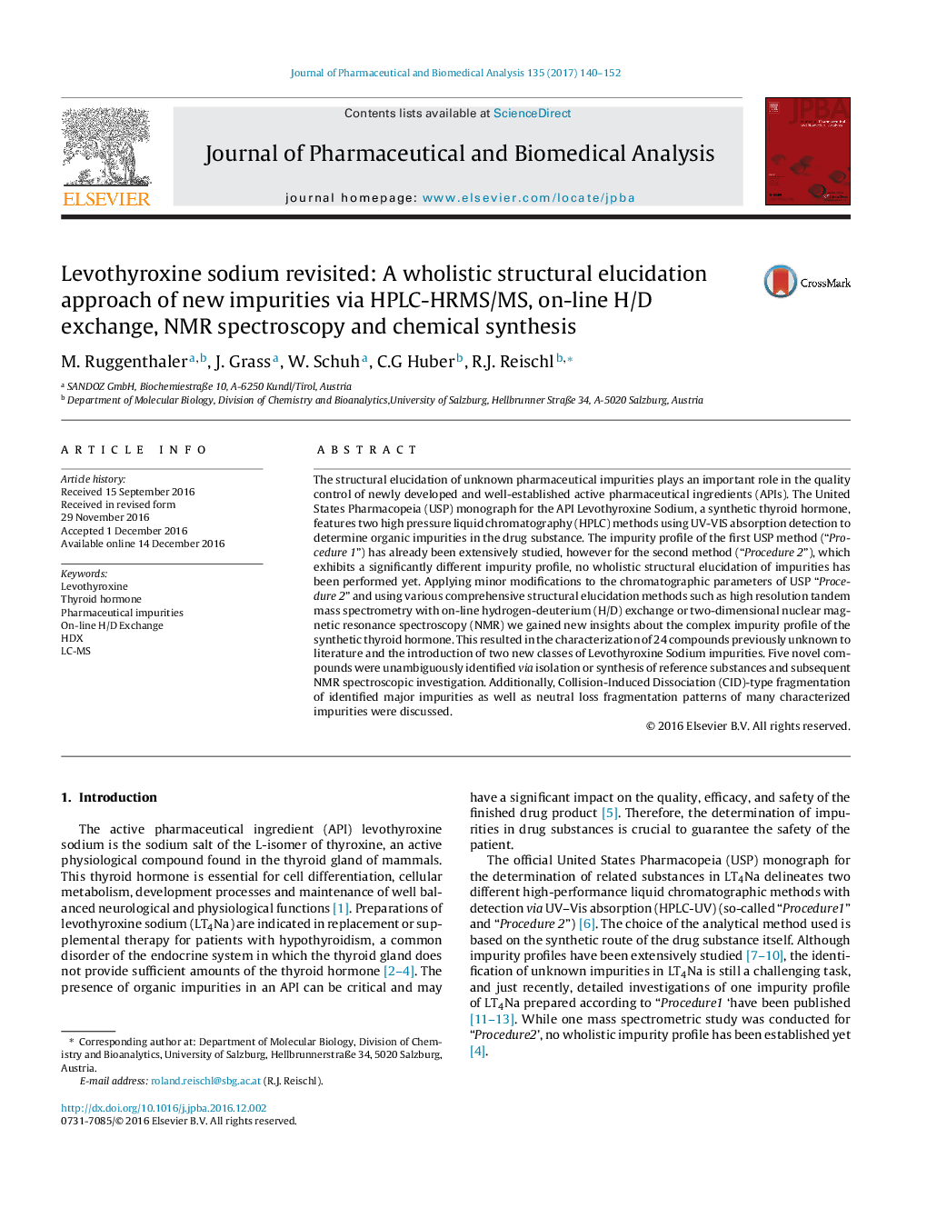 Levothyroxine sodium revisited: A wholistic structural elucidation approach of new impurities via HPLC-HRMS/MS, on-line H/D exchange, NMR spectroscopy and chemical synthesis