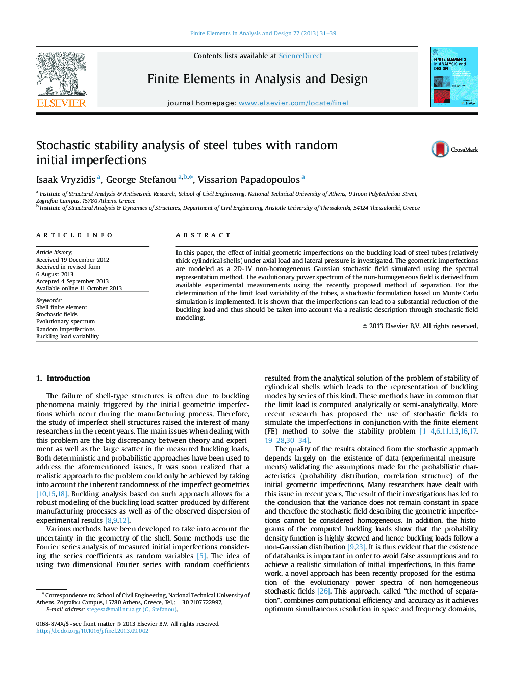 Stochastic stability analysis of steel tubes with random initial imperfections