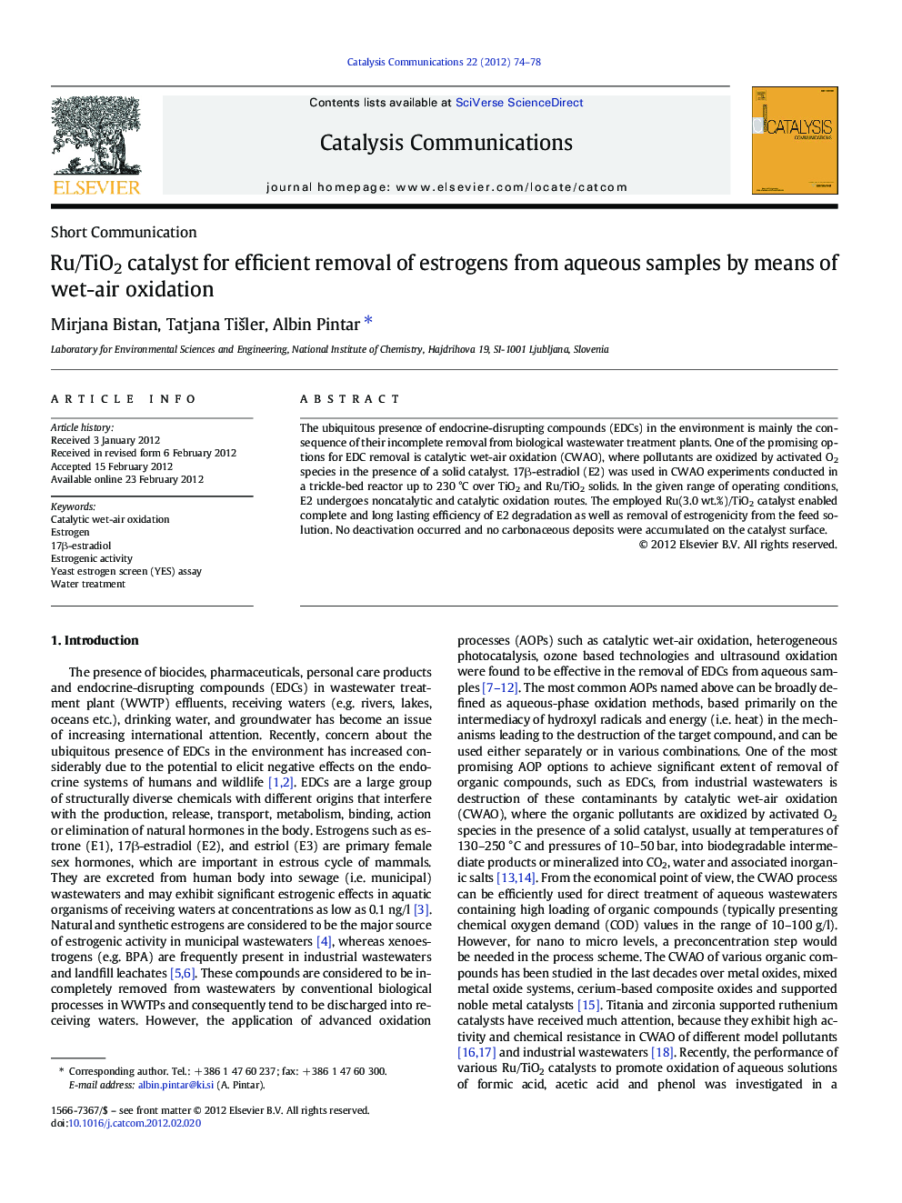 Ru/TiO2 catalyst for efficient removal of estrogens from aqueous samples by means of wet-air oxidation