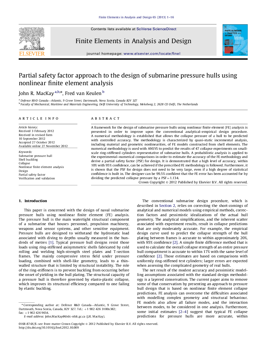 Partial safety factor approach to the design of submarine pressure hulls using nonlinear finite element analysis