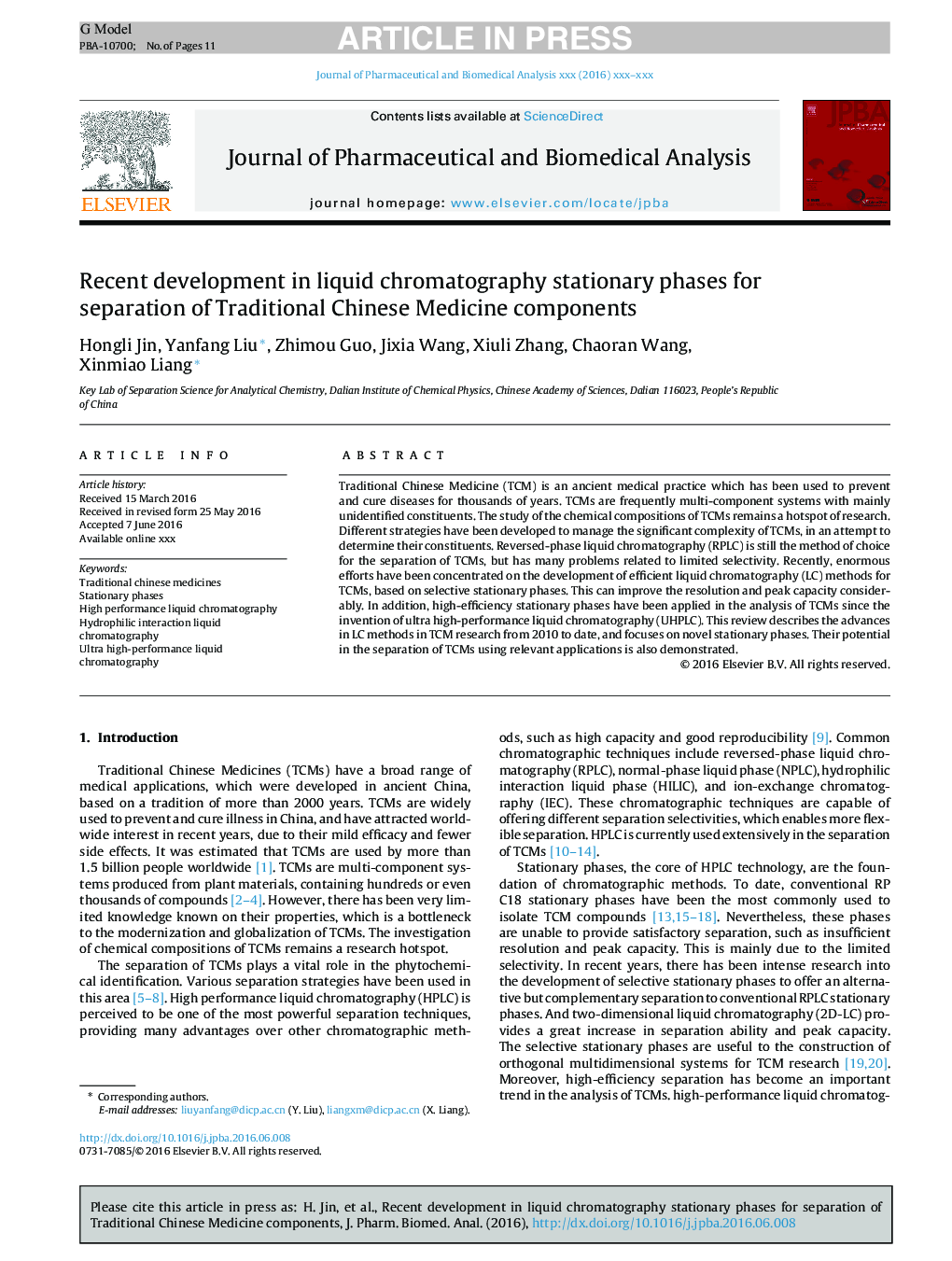 Recent development in liquid chromatography stationary phases for separation of Traditional Chinese Medicine components