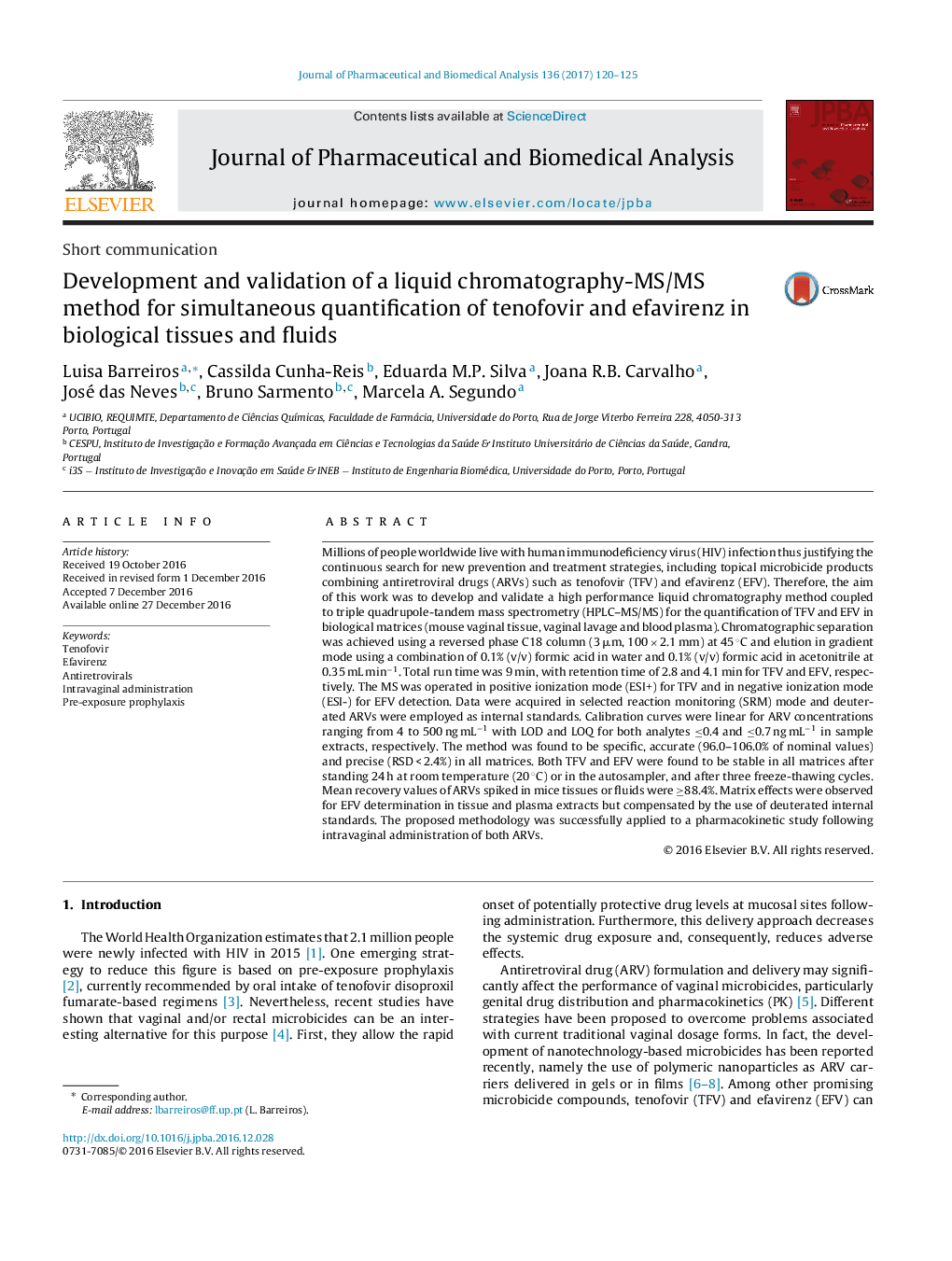 Development and validation of a liquid chromatography-MS/MS method for simultaneous quantification of tenofovir and efavirenz in biological tissues and fluids