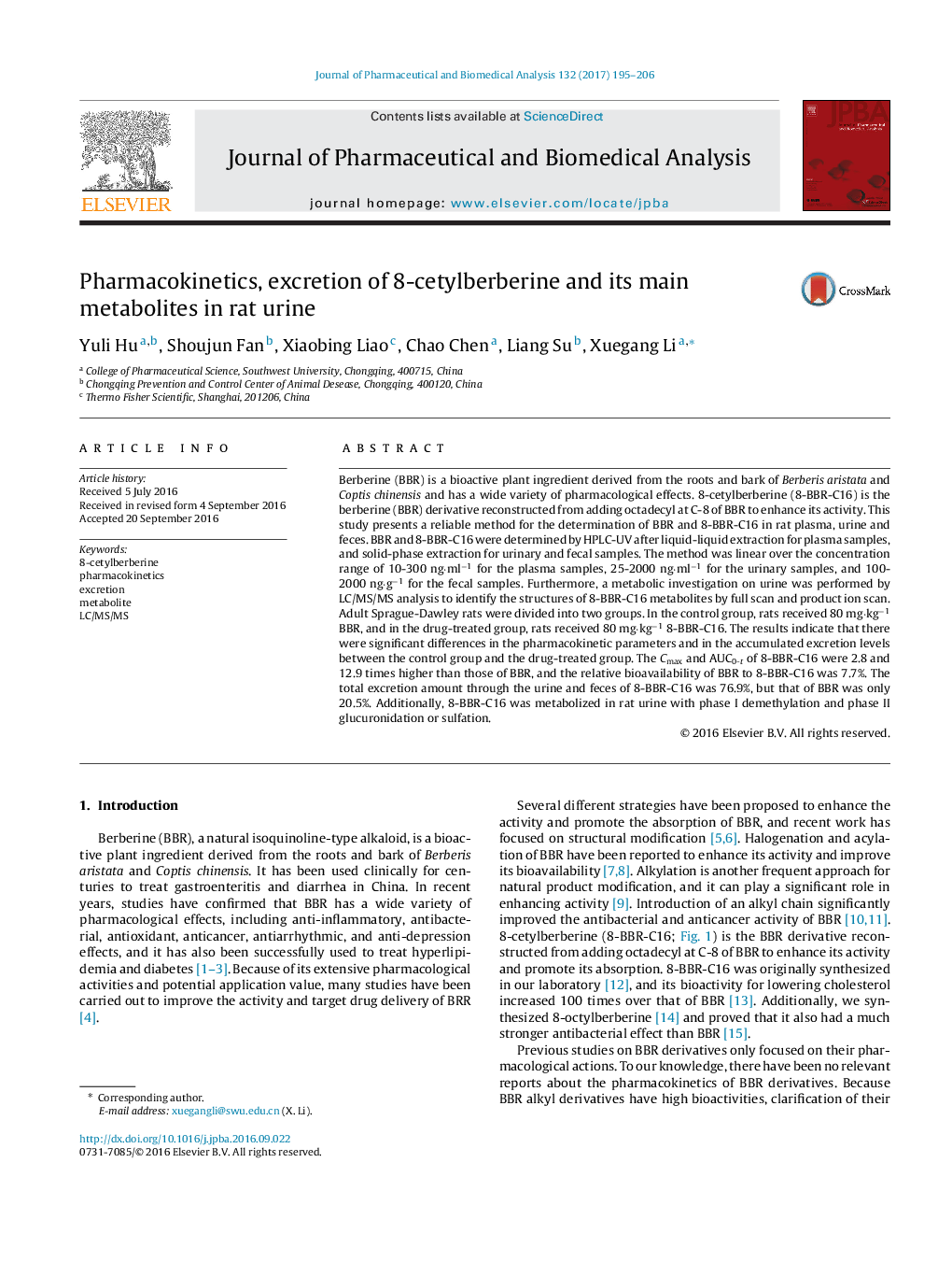 Pharmacokinetics, excretion of 8-cetylberberine and its main metabolites in rat urine