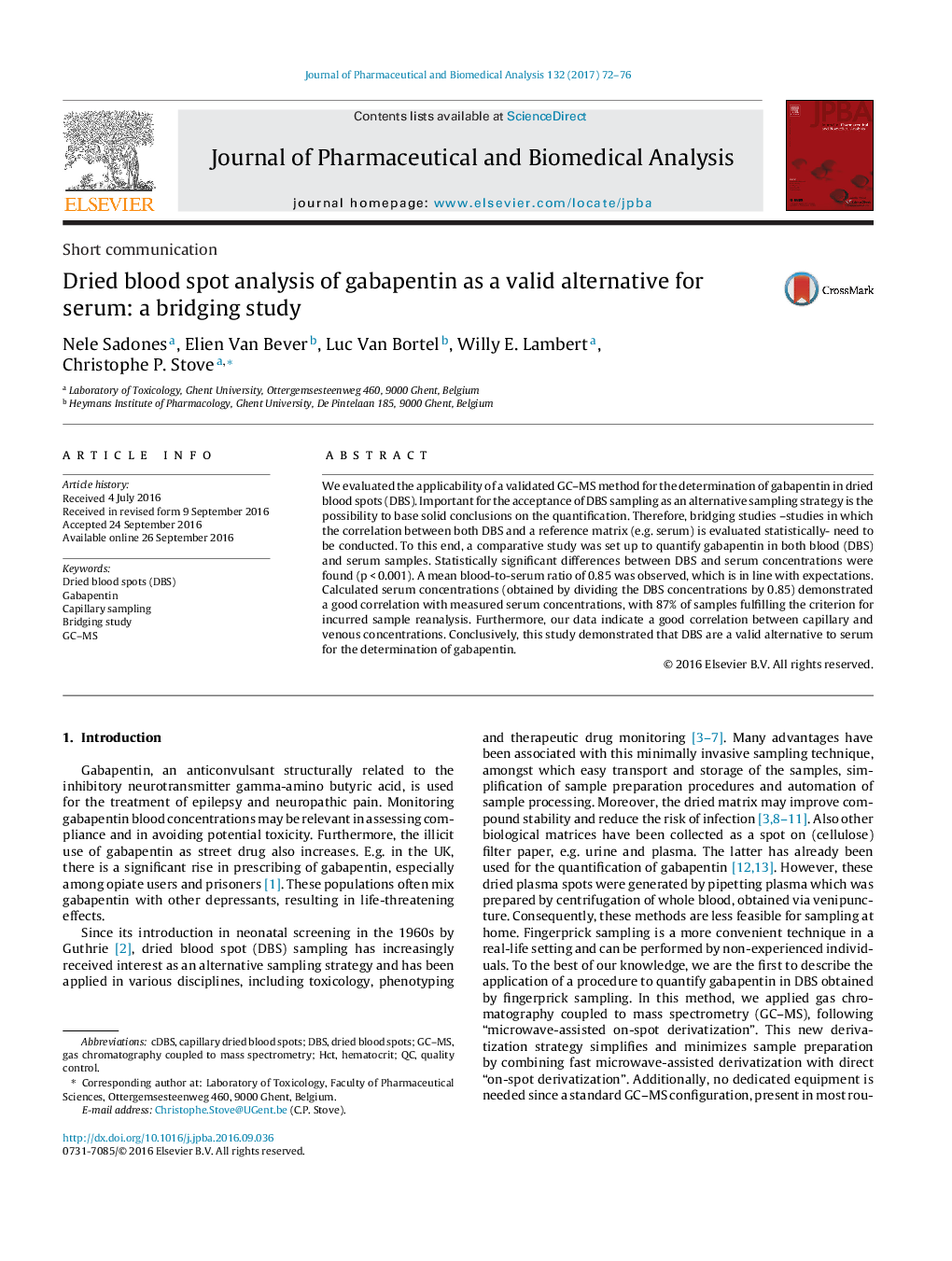 Dried blood spot analysis of gabapentin as a valid alternative for serum: a bridging study