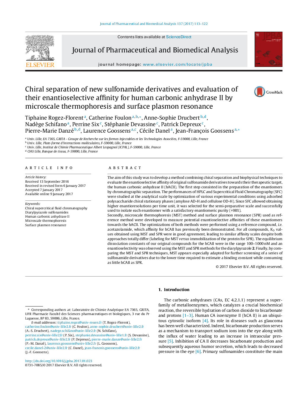 Chiral separation of new sulfonamide derivatives and evaluation of their enantioselective affinity for human carbonic anhydrase II by microscale thermophoresis and surface plasmon resonance