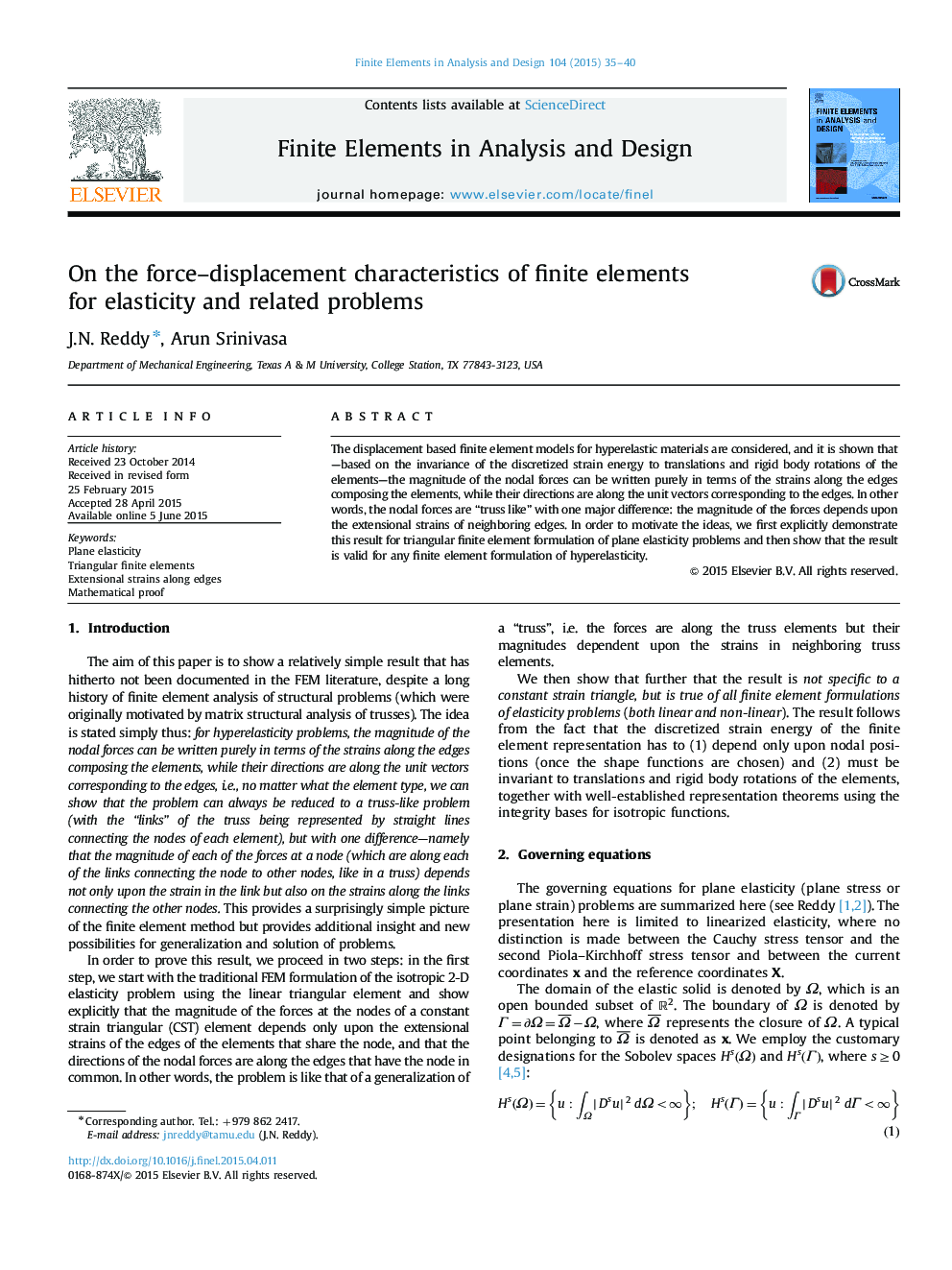 On the force–displacement characteristics of finite elements for elasticity and related problems