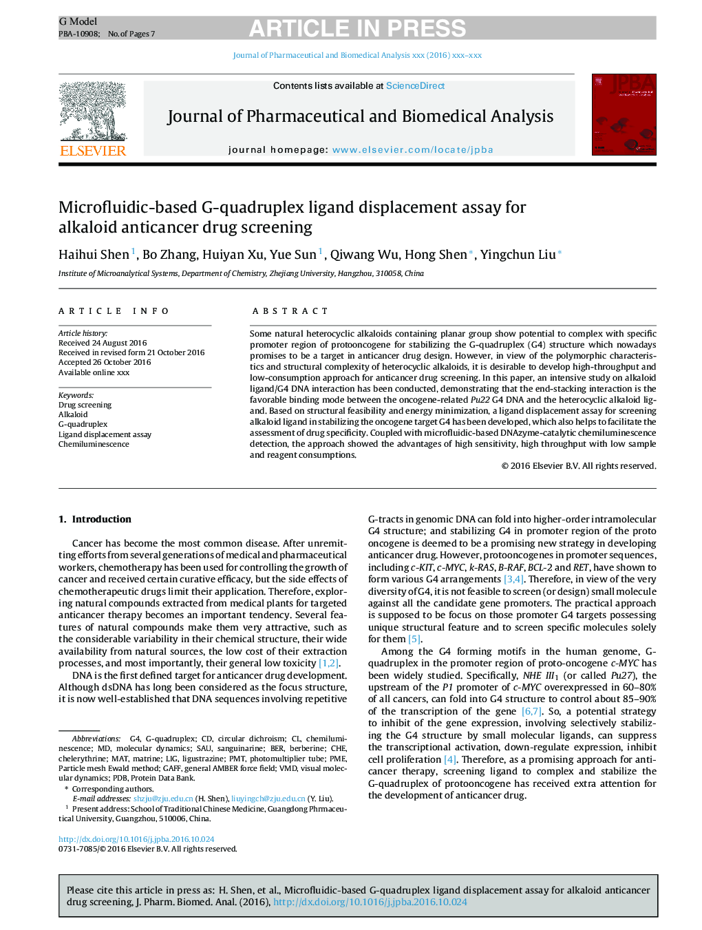 Microfluidic-based G-quadruplex ligand displacement assay for alkaloid anticancer drug screening