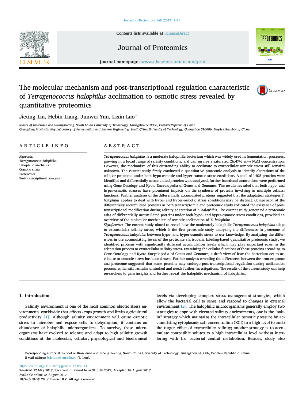 The molecular mechanism and post-transcriptional regulation characteristic of Tetragenococcus halophilus acclimation to osmotic stress revealed by quantitative proteomics