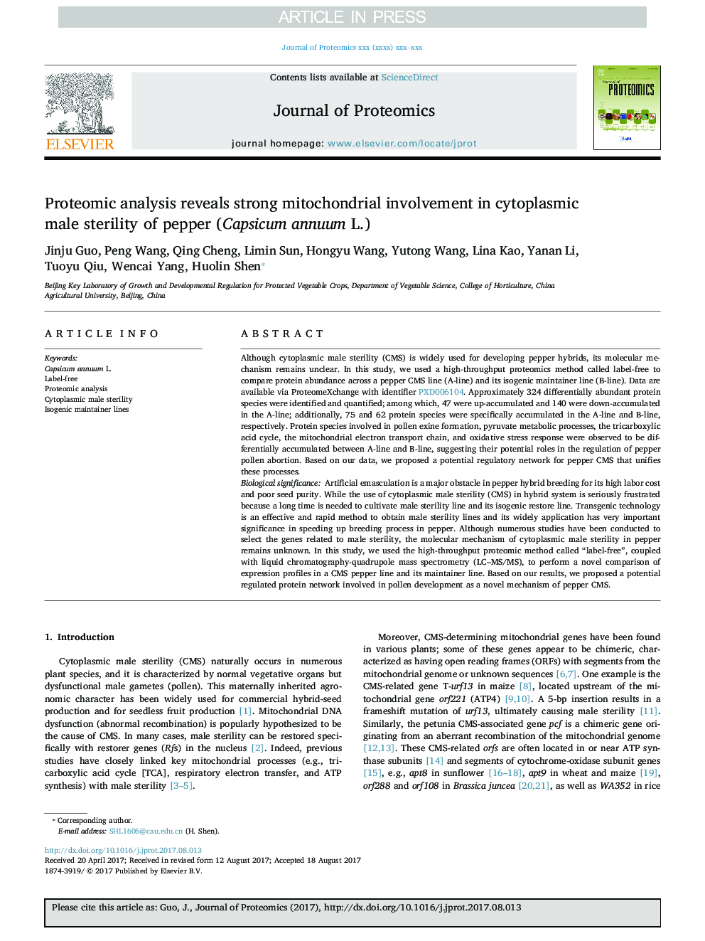 Proteomic analysis reveals strong mitochondrial involvement in cytoplasmic male sterility of pepper (Capsicum annuum L.)