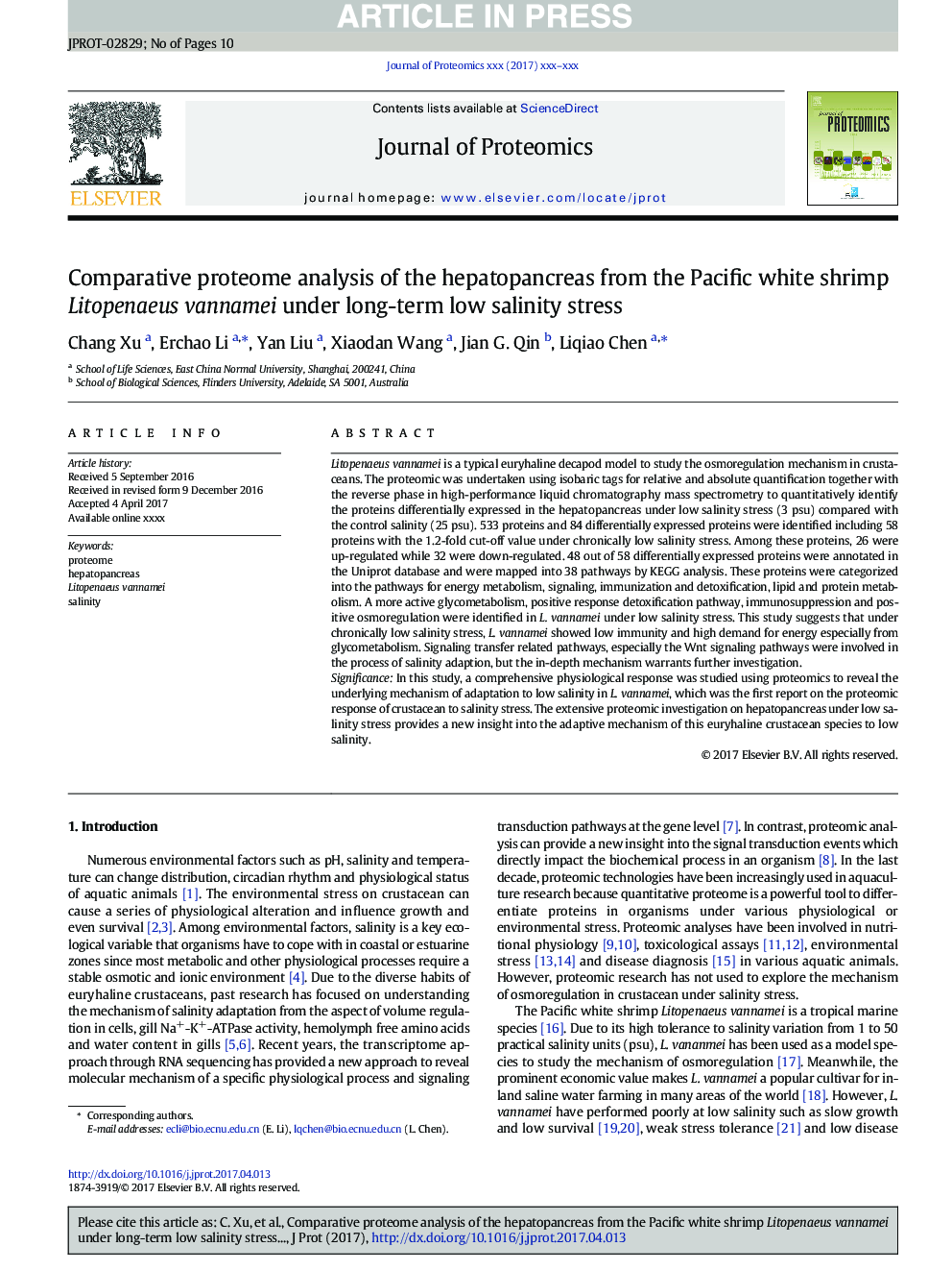 Comparative proteome analysis of the hepatopancreas from the Pacific white shrimp Litopenaeus vannamei under long-term low salinity stress