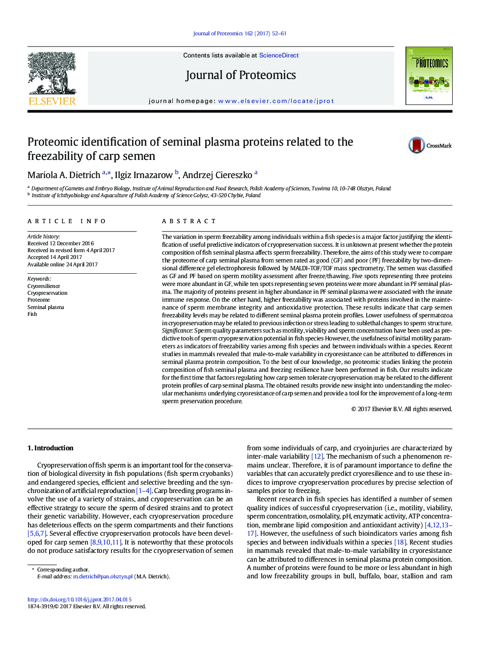 Proteomic identification of seminal plasma proteins related to the freezability of carp semen