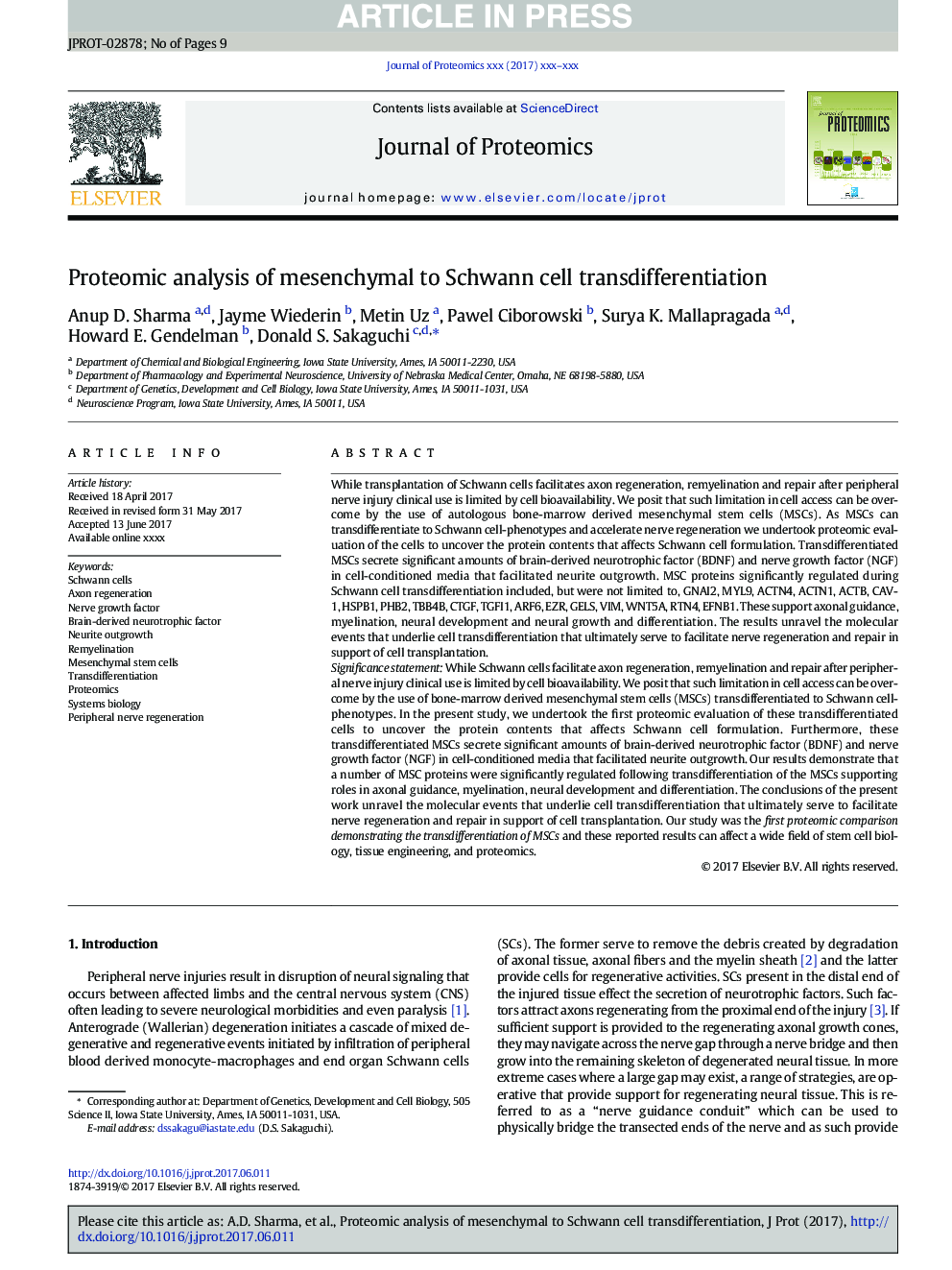 Proteomic analysis of mesenchymal to Schwann cell transdifferentiation