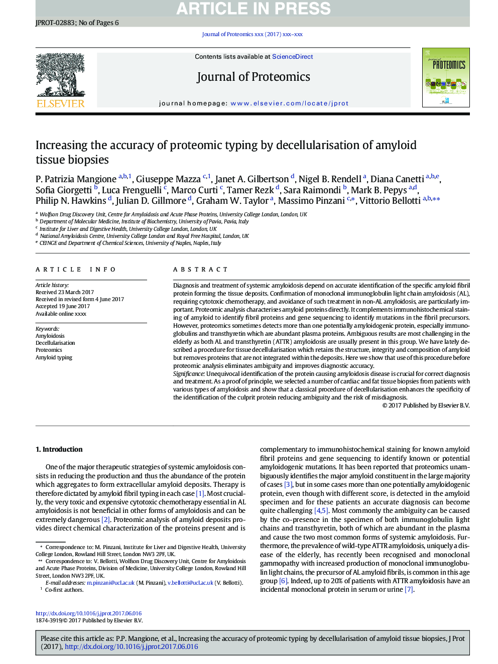 Increasing the accuracy of proteomic typing by decellularisation of amyloid tissue biopsies