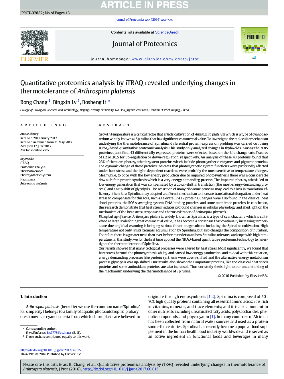 عکس صفحه اول مقاله: Quantitative proteomics analysis by iTRAQ revealed underlying changes in thermotolerance of Arthrospira platensis Quantitative proteomics analysis by iTRAQ revealed underlying changes in thermotolerance of Arthrospira platensis