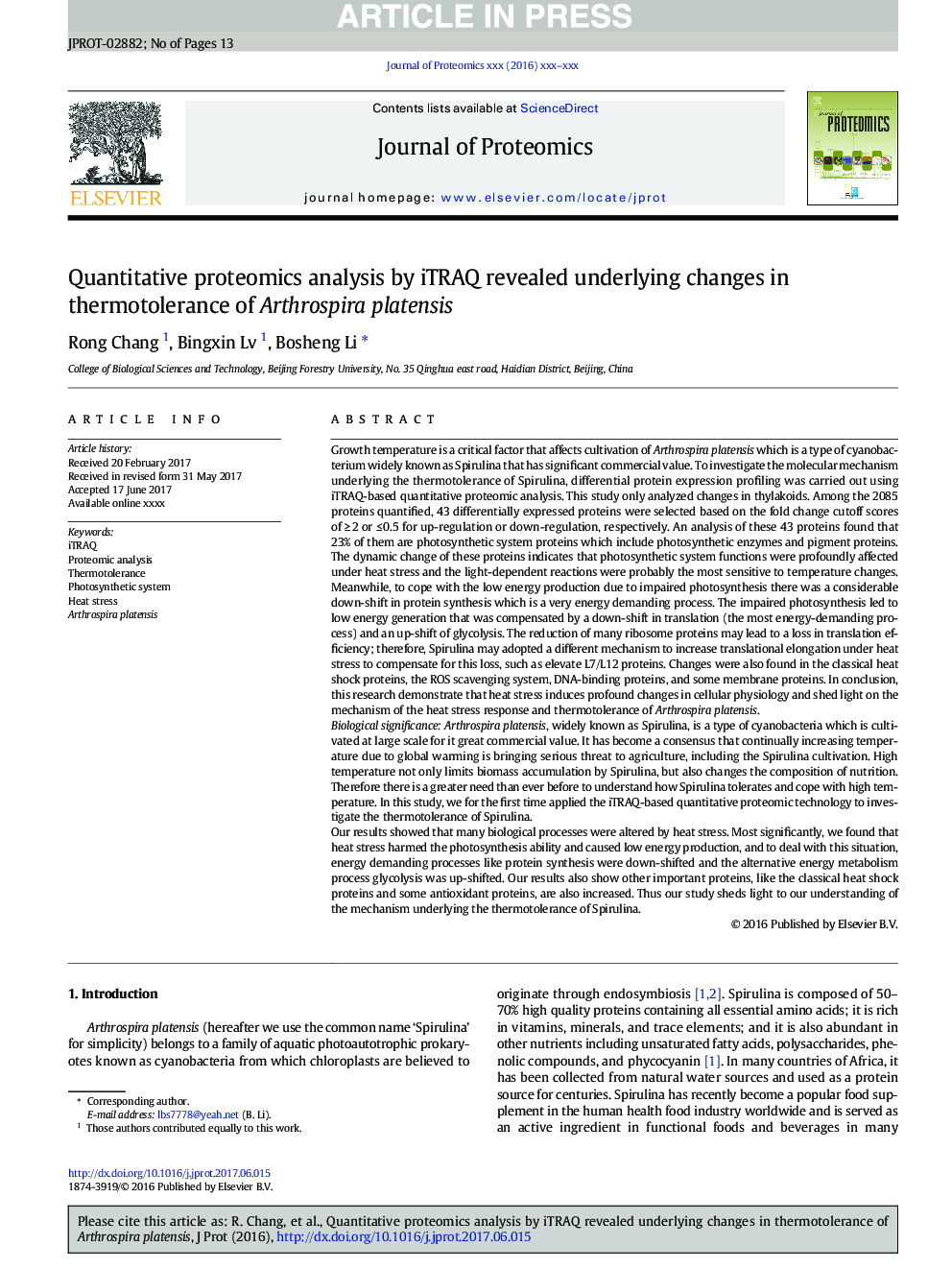 Quantitative proteomics analysis by iTRAQ revealed underlying changes in thermotolerance of Arthrospira platensis