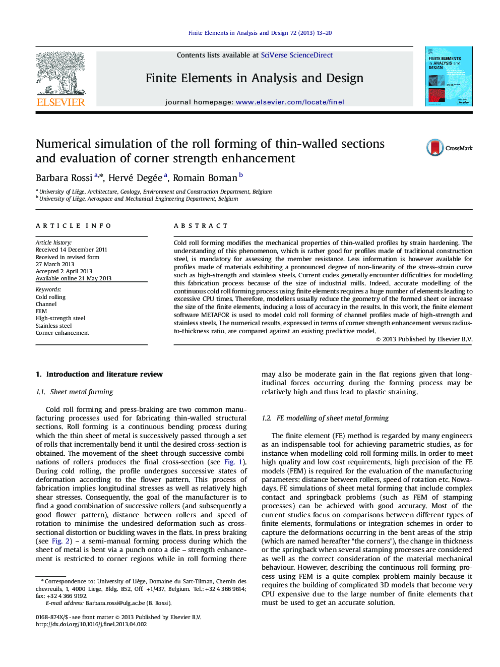 Numerical simulation of the roll forming of thin-walled sections and evaluation of corner strength enhancement