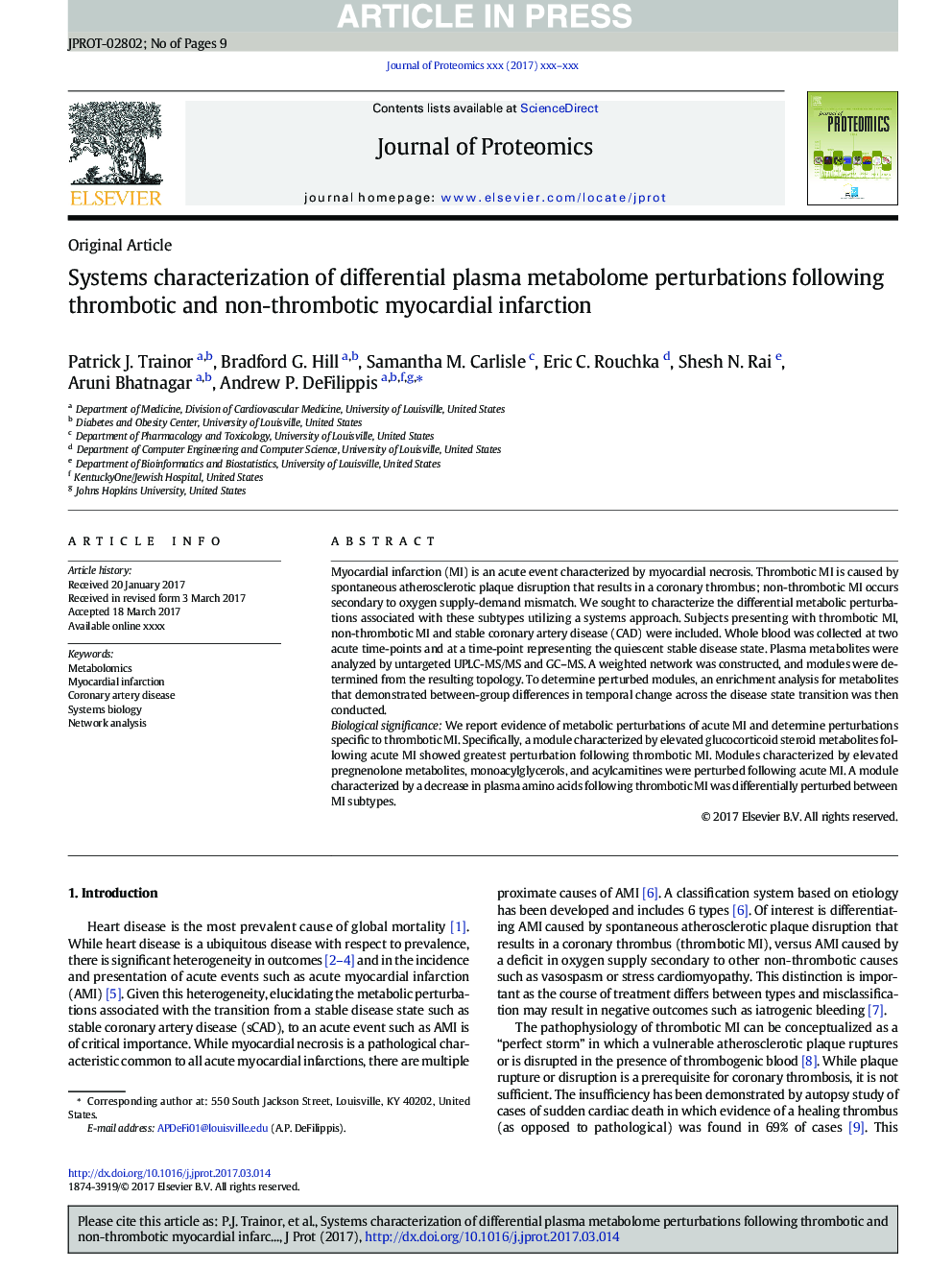 Systems characterization of differential plasma metabolome perturbations following thrombotic and non-thrombotic myocardial infarction