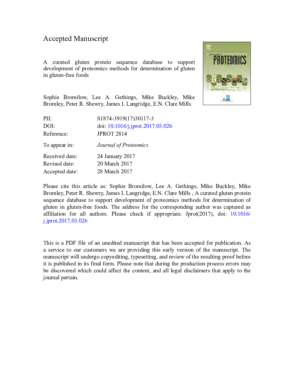 A curated gluten protein sequence database to support development of proteomics methods for determination of gluten in gluten-free foods