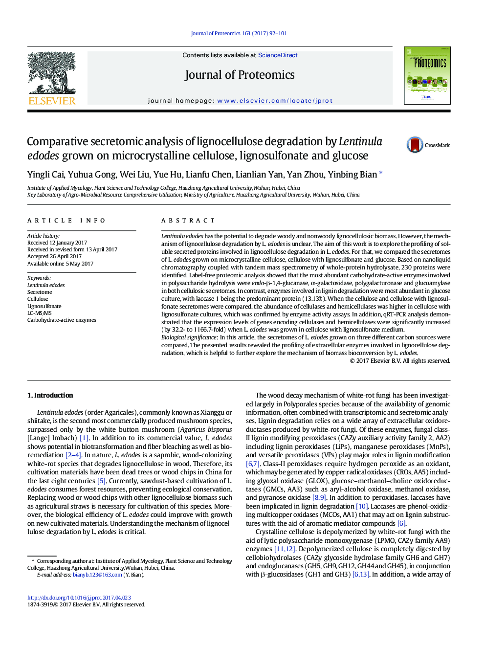 Comparative secretomic analysis of lignocellulose degradation by Lentinula edodes grown on microcrystalline cellulose, lignosulfonate and glucose