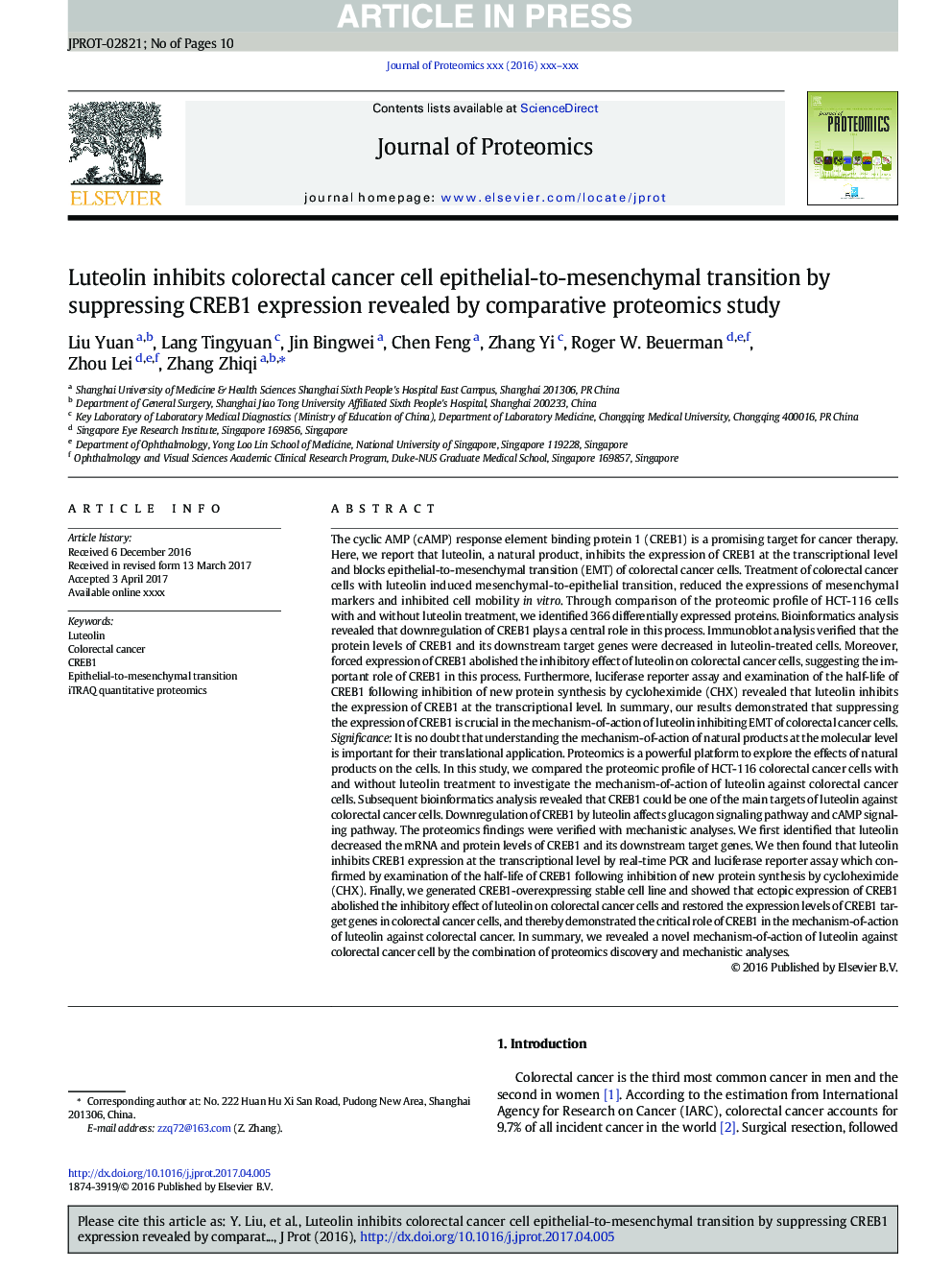 Luteolin inhibits colorectal cancer cell epithelial-to-mesenchymal transition by suppressing CREB1 expression revealed by comparative proteomics study