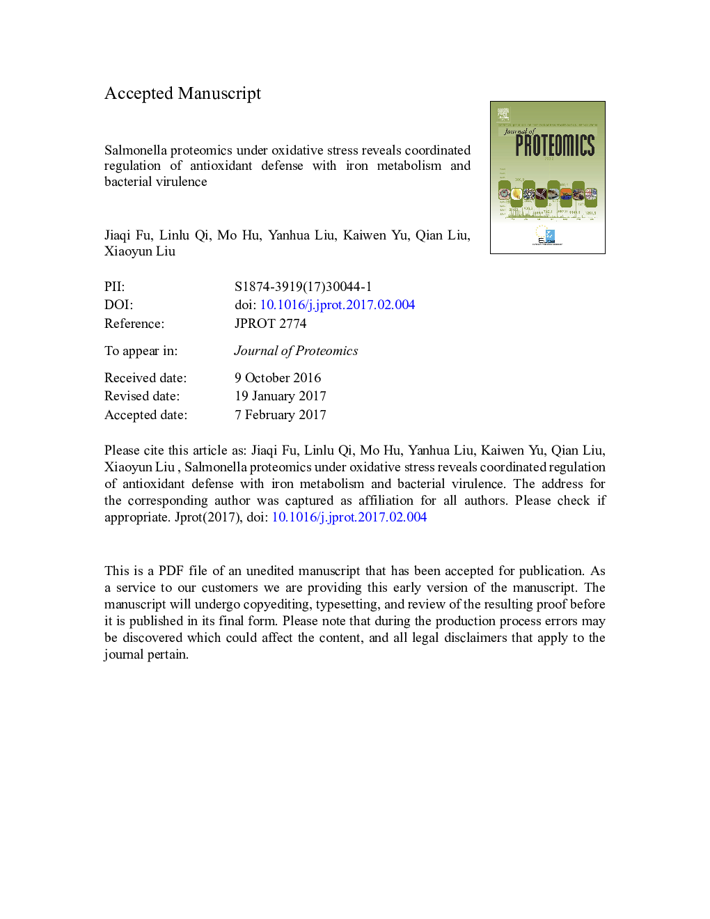 Salmonella proteomics under oxidative stress reveals coordinated regulation of antioxidant defense with iron metabolism and bacterial virulence