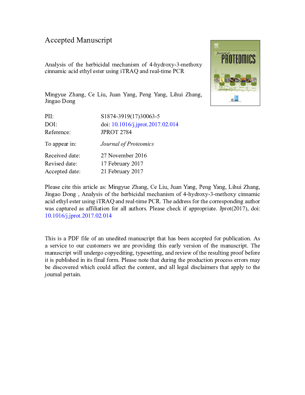 عکس صفحه اول مقاله: Analysis of the herbicidal mechanism of 4-hydroxy-3-methoxy cinnamic acid ethyl ester using iTRAQ and real-time PCR Analysis of the herbicidal mechanism of 4-hydroxy-3-methoxy cinnamic acid ethyl ester using iTRAQ and real-time PCR