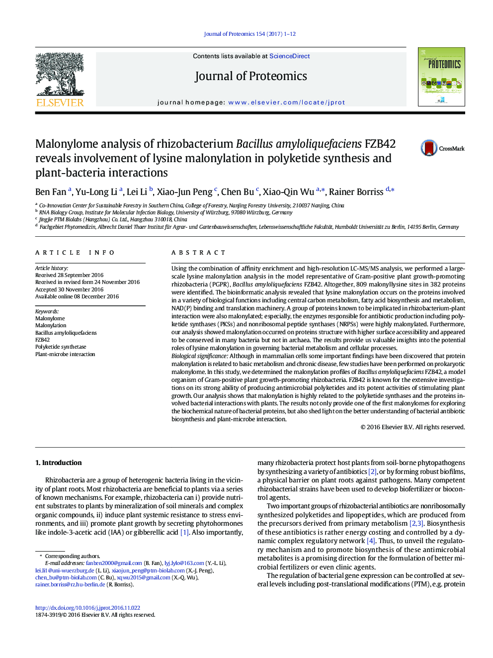 Malonylome analysis of rhizobacterium Bacillus amyloliquefaciens FZB42 reveals involvement of lysine malonylation in polyketide synthesis and plant-bacteria interactions