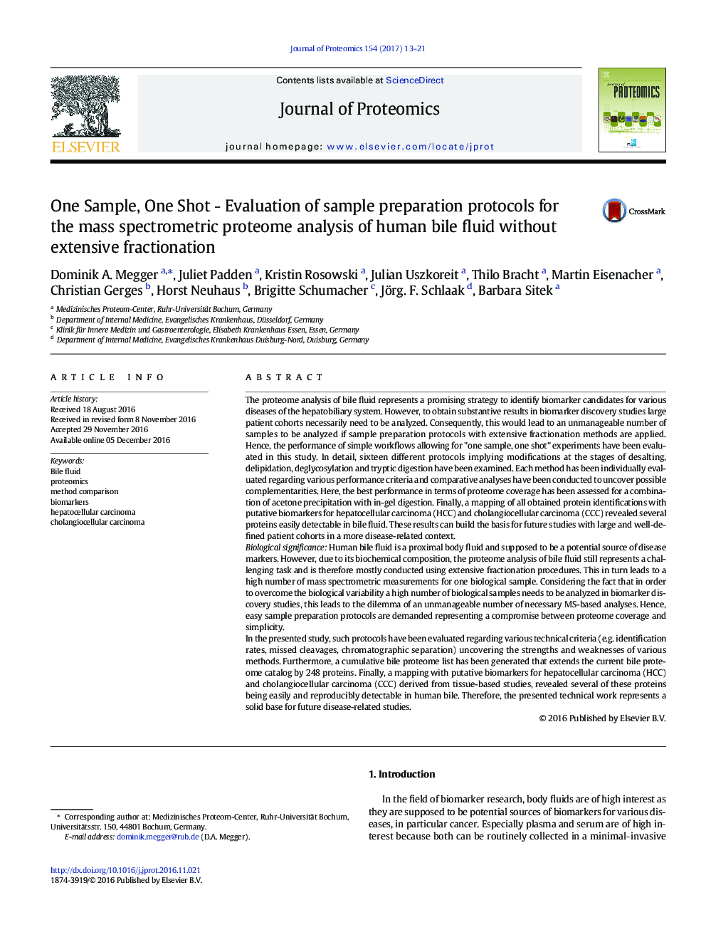 One Sample, One Shot - Evaluation of sample preparation protocols for the mass spectrometric proteome analysis of human bile fluid without extensive fractionation