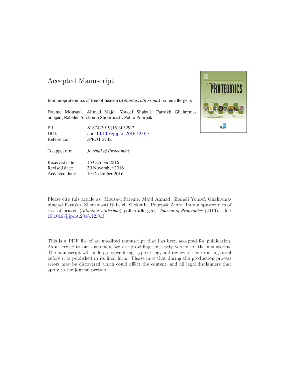 Immunoproteomics of tree of heaven (Ailanthus atltissima) pollen allergens