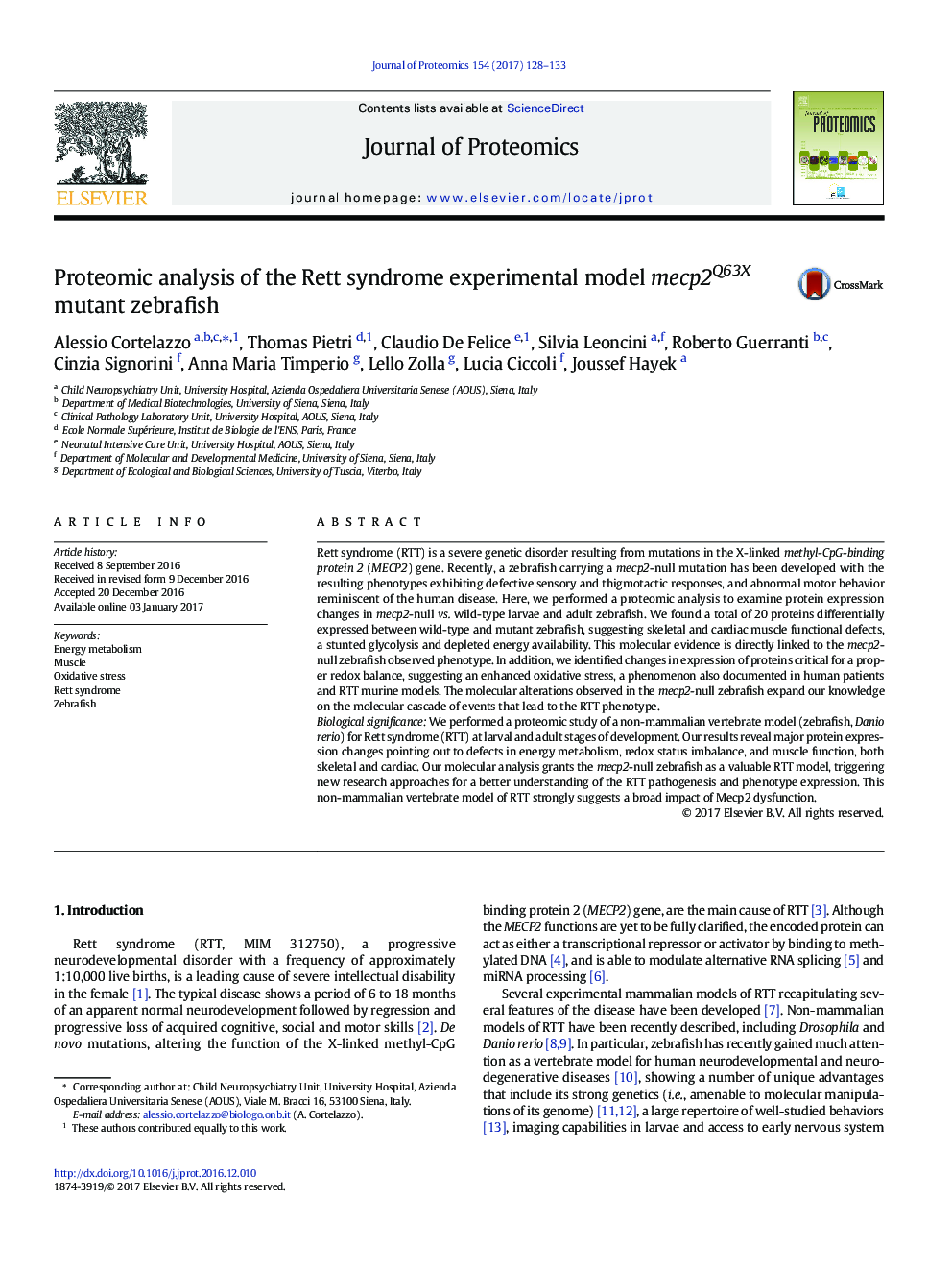 Proteomic analysis of the Rett syndrome experimental model mecp2Q63X mutant zebrafish