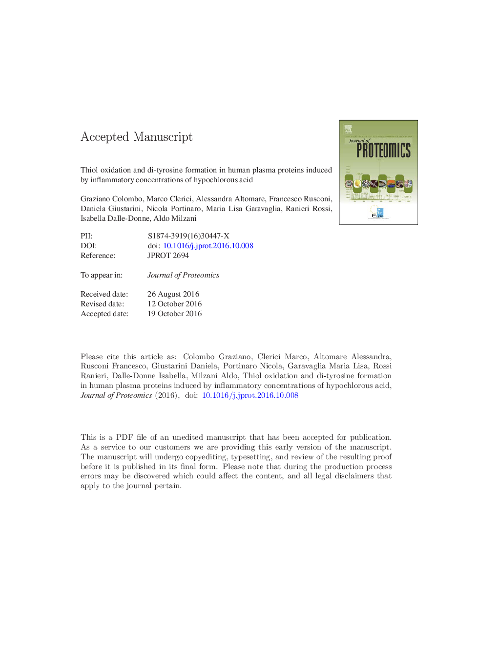 Thiol oxidation and di-tyrosine formation in human plasma proteins induced by inflammatory concentrations of hypochlorous acid