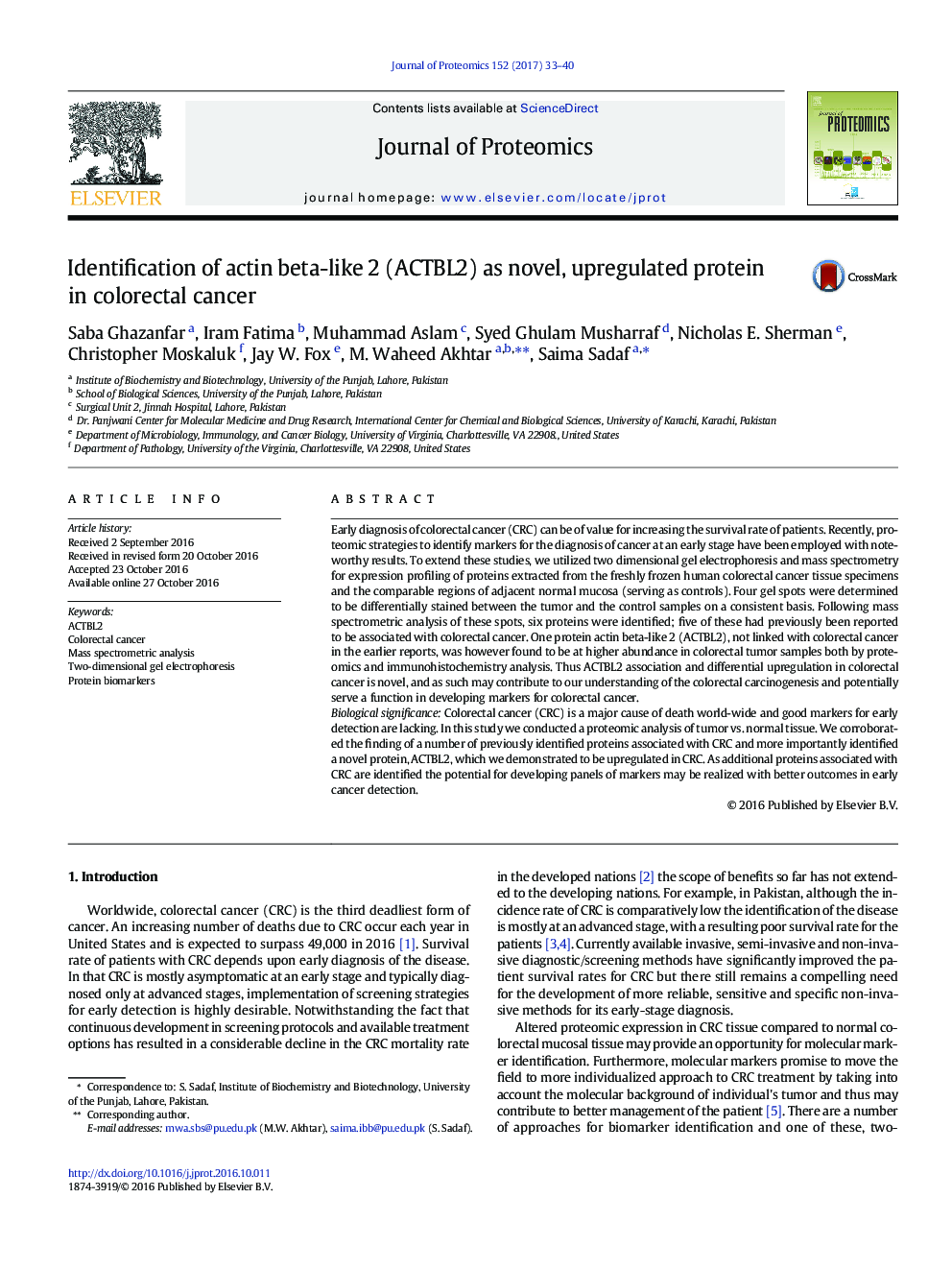 Identification of actin beta-like 2 (ACTBL2) as novel, upregulated protein in colorectal cancer