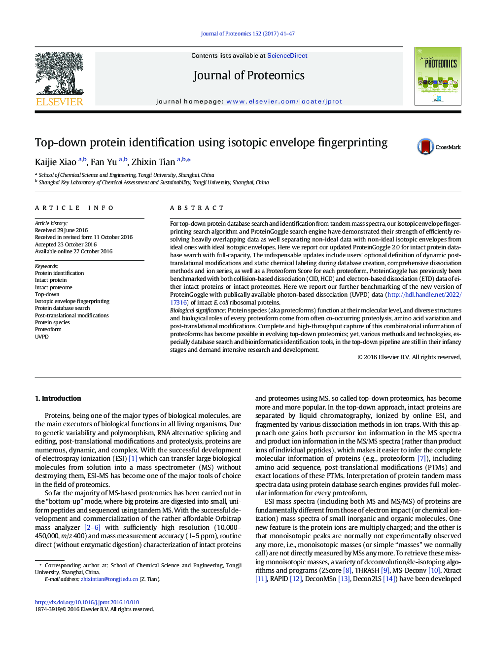 Top-down protein identification using isotopic envelope fingerprinting