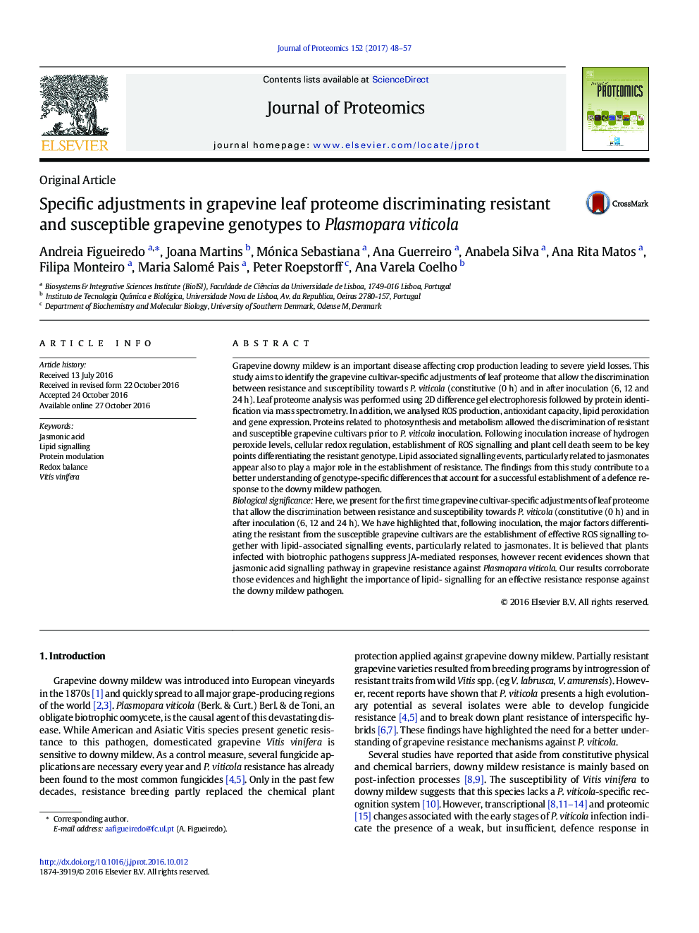 Specific adjustments in grapevine leaf proteome discriminating resistant and susceptible grapevine genotypes to Plasmopara viticola