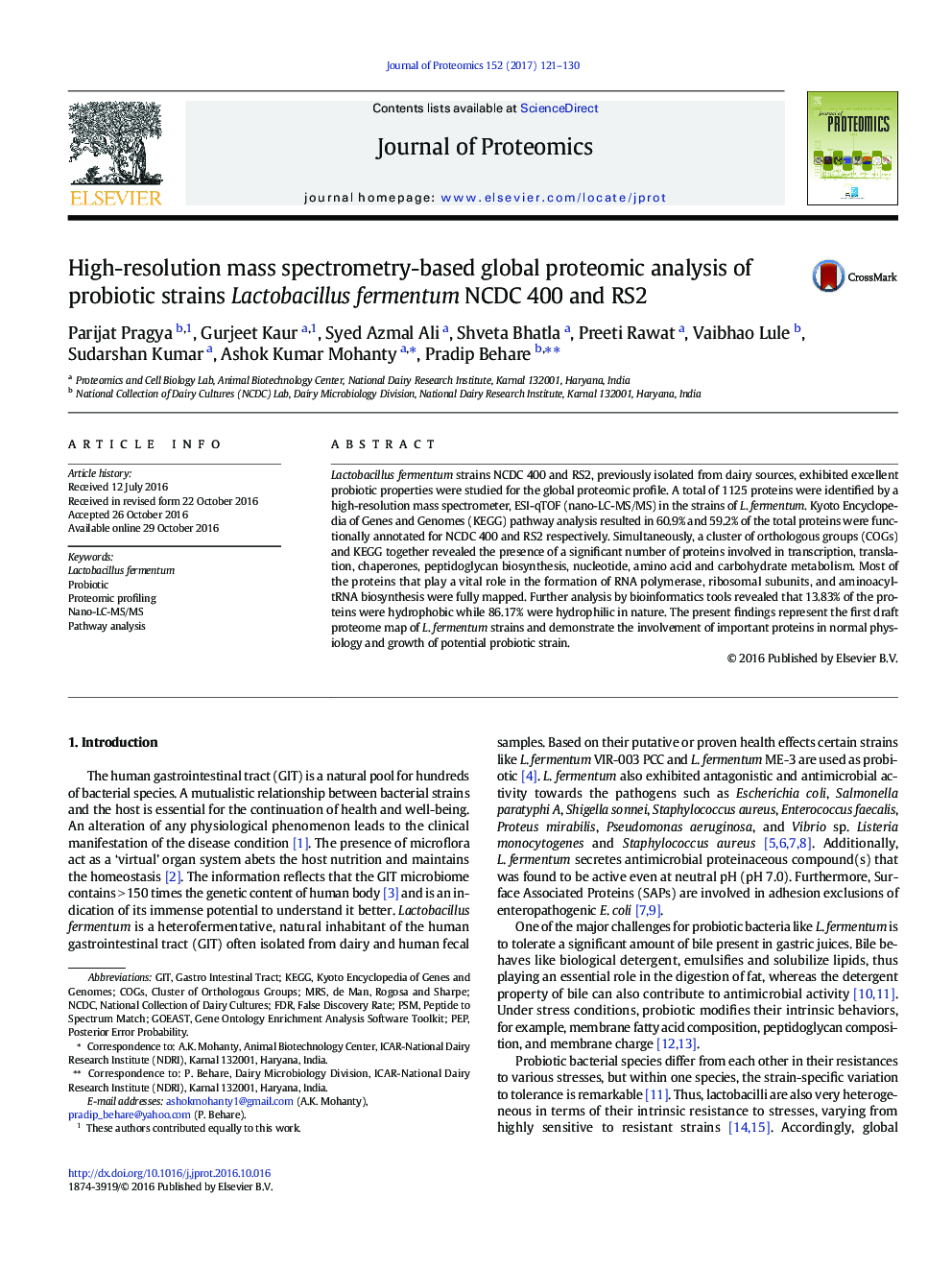 High-resolution mass spectrometry-based global proteomic analysis of probiotic strains Lactobacillus fermentum NCDC 400 and RS2