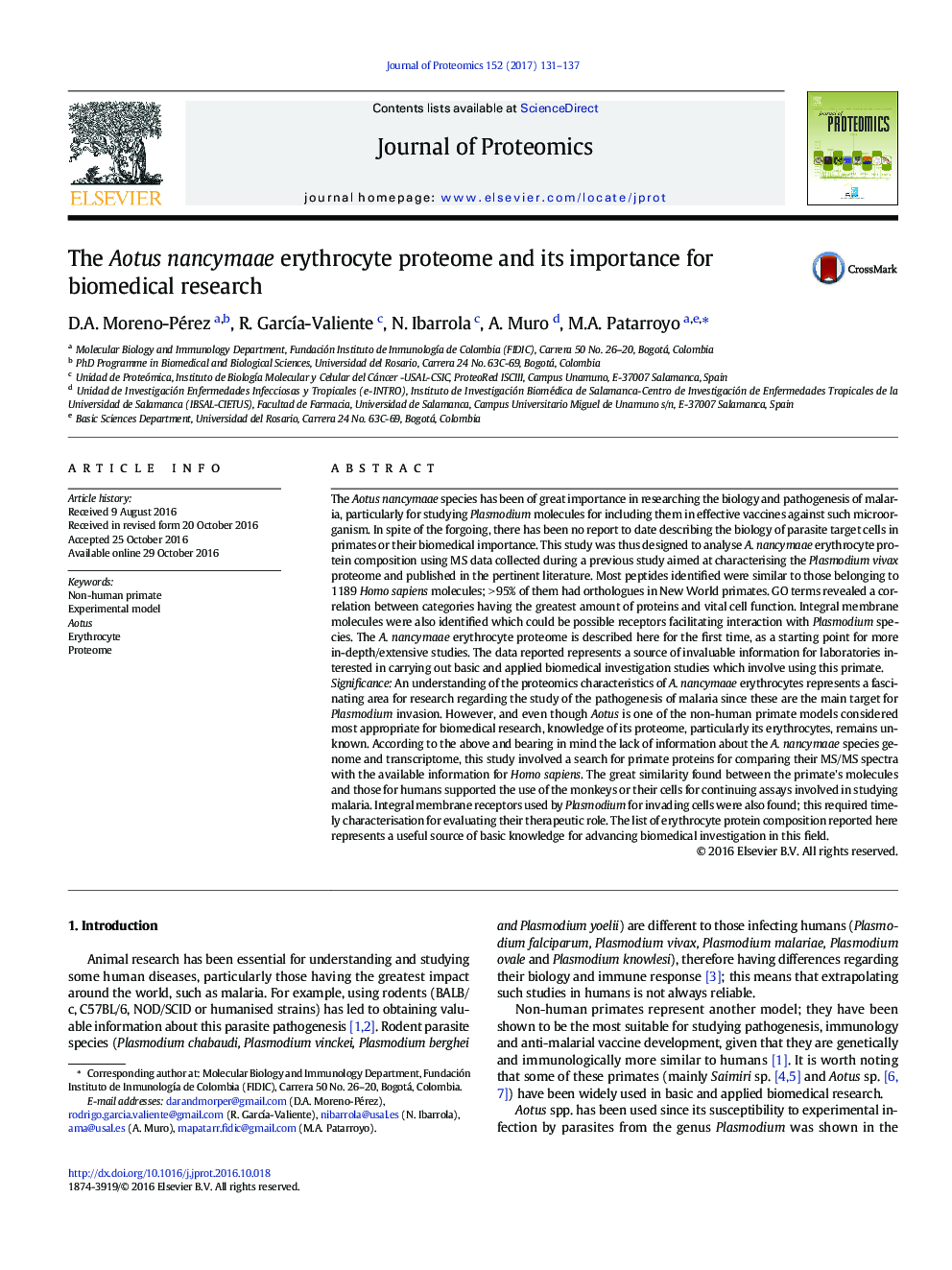 The Aotus nancymaae erythrocyte proteome and its importance for biomedical research