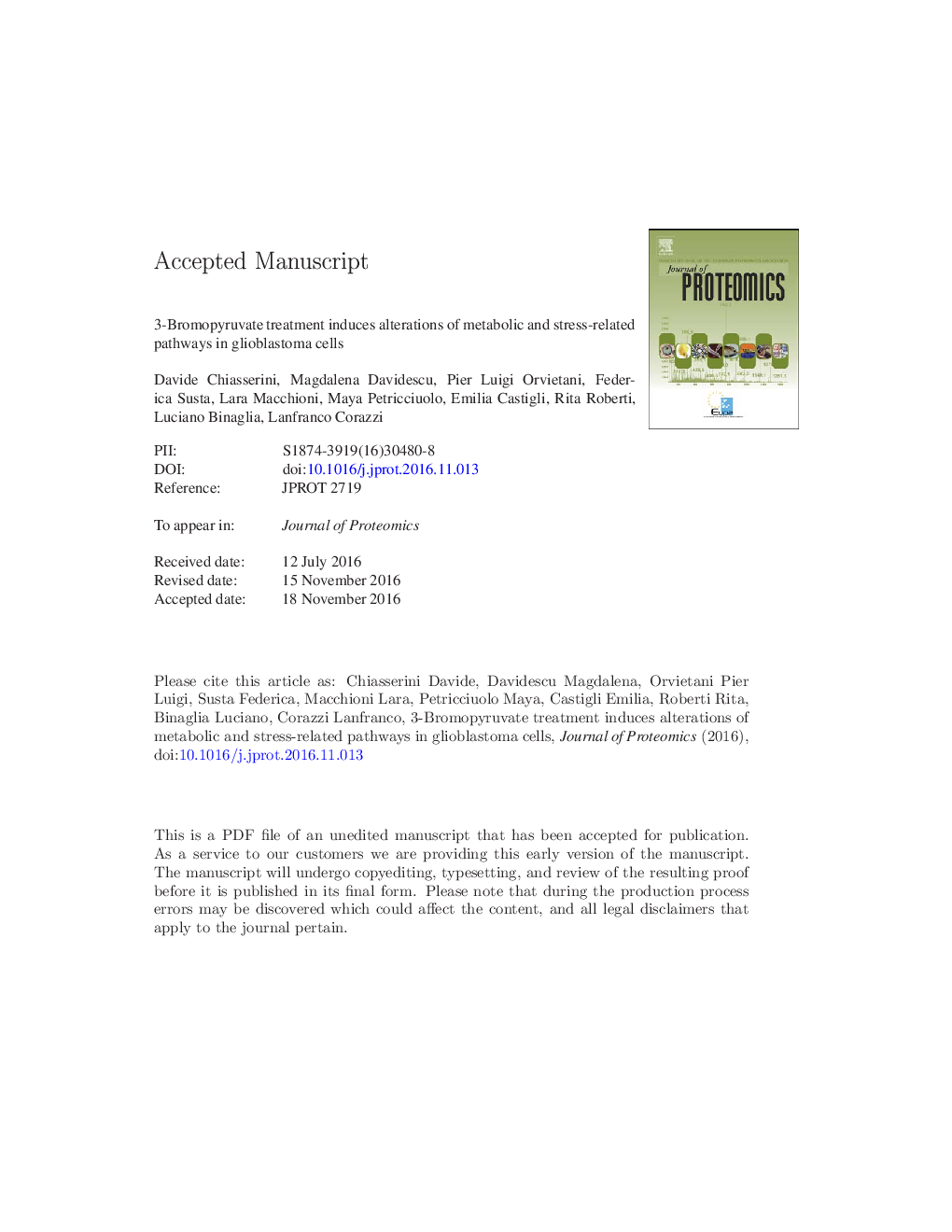 3-Bromopyruvate treatment induces alterations of metabolic and stress-related pathways in glioblastoma cells