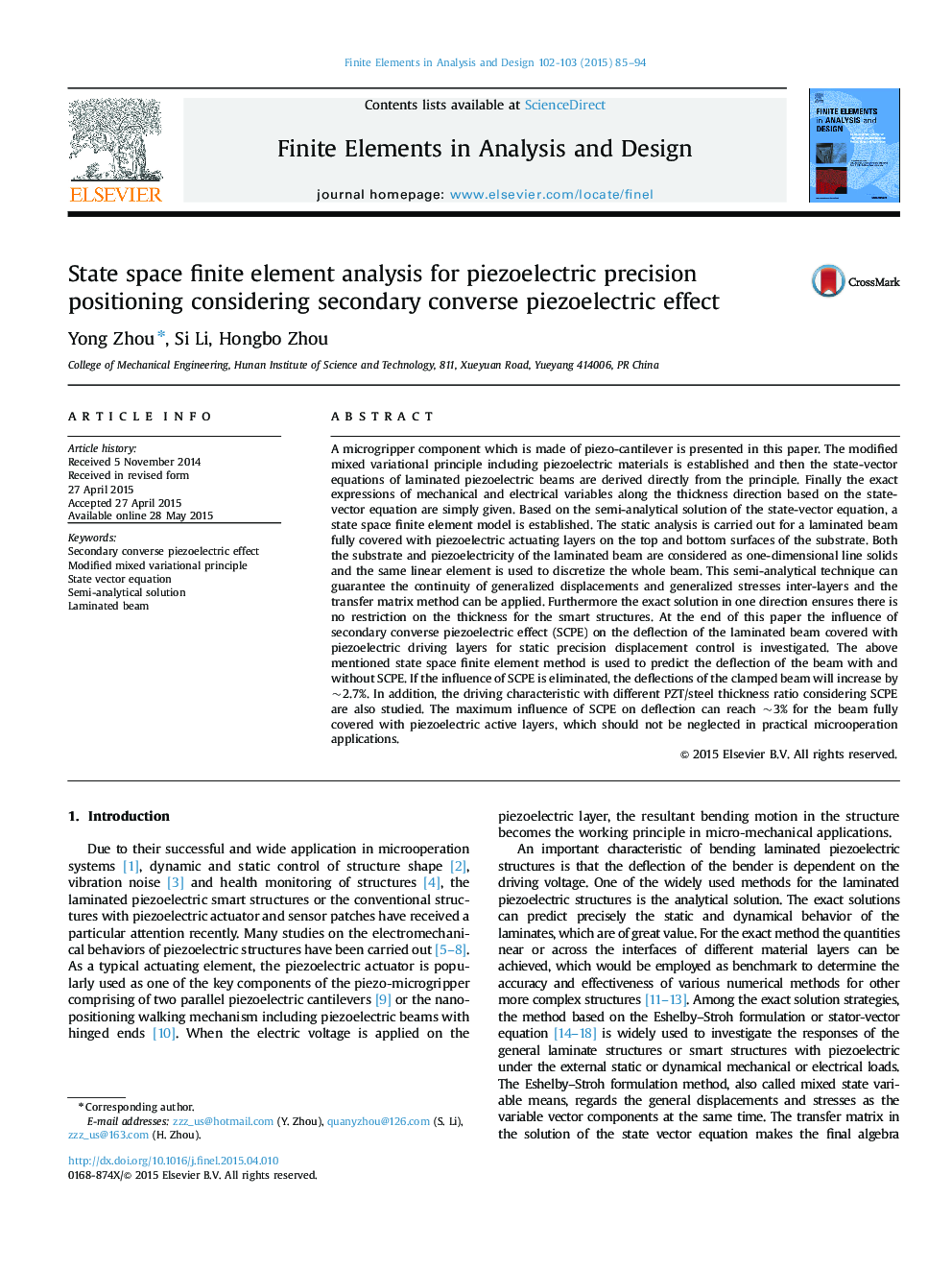 State space finite element analysis for piezoelectric precision positioning considering secondary converse piezoelectric effect