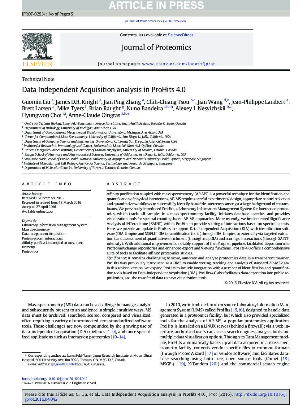 Data Independent Acquisition analysis in ProHits 4.0