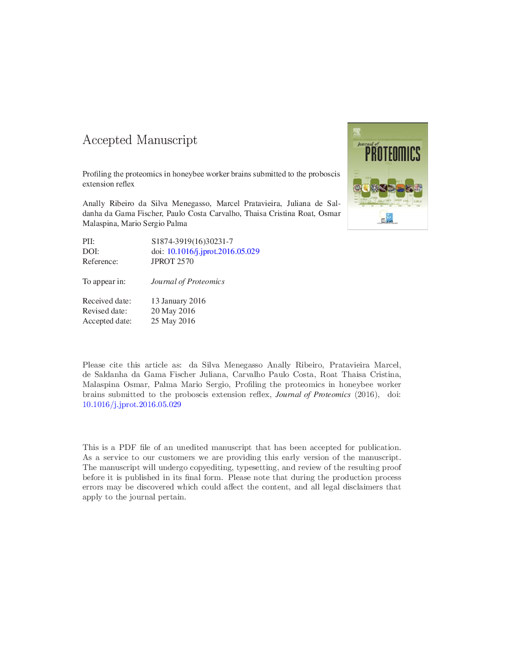 عکس صفحه اول مقاله: Profiling the proteomics in honeybee worker brains submitted to the proboscis extension reflex Profiling the proteomics in honeybee worker brains submitted to the proboscis extension reflex