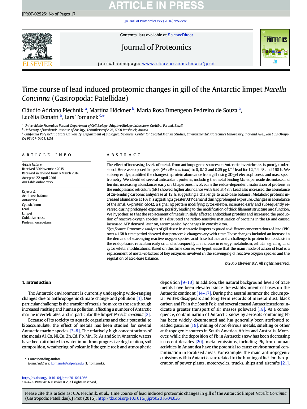 Time course of lead induced proteomic changes in gill of the Antarctic limpet Nacella Concinna (Gastropoda: Patellidae)