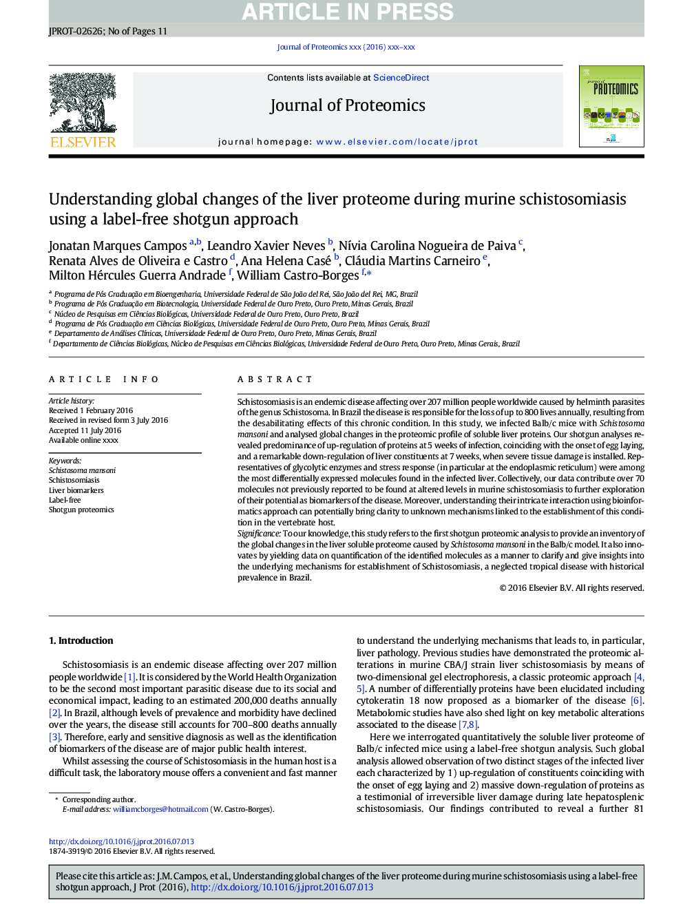 Understanding global changes of the liver proteome during murine schistosomiasis using a label-free shotgun approach