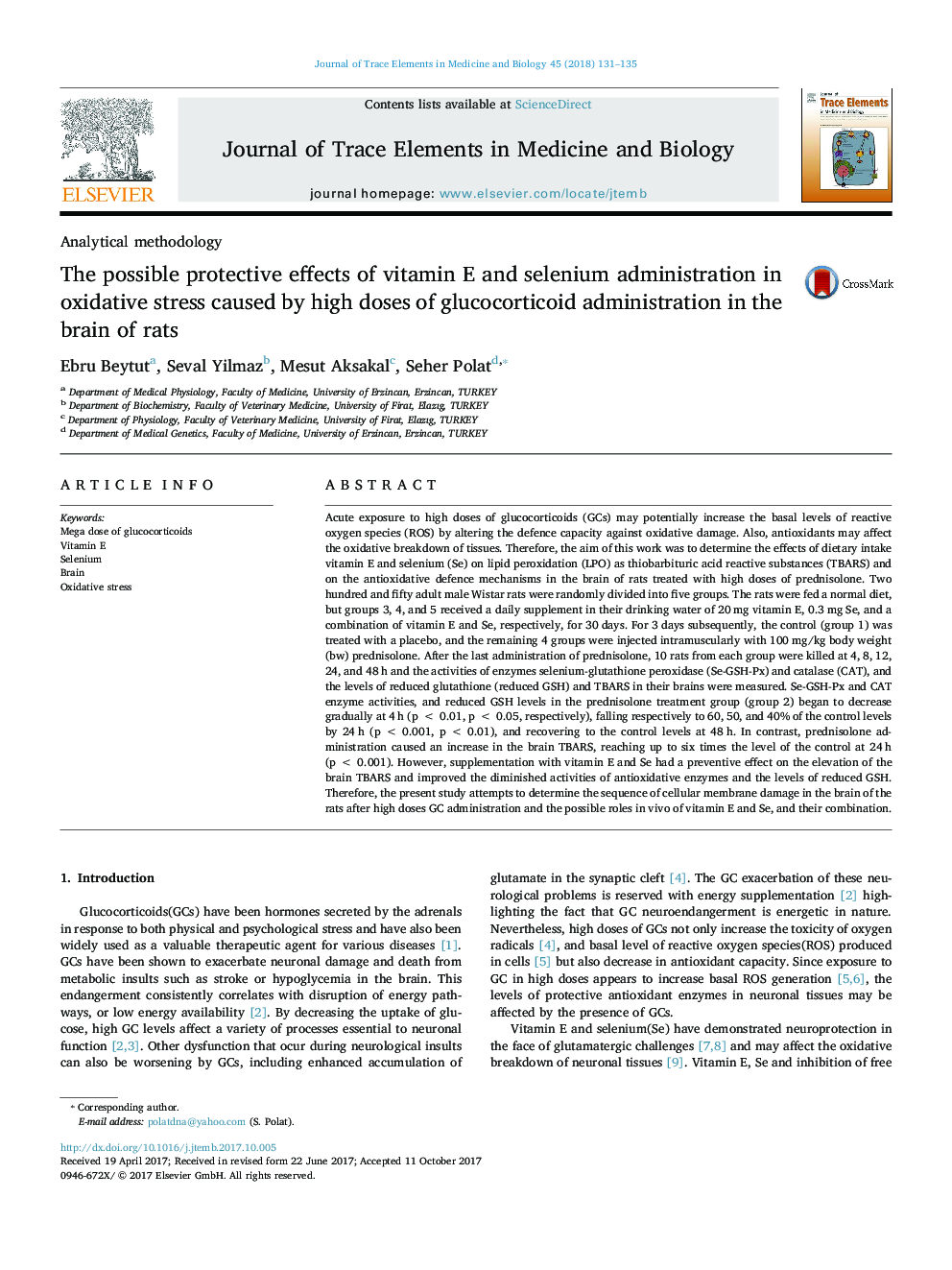 The possible protective effects of vitamin E and selenium administration in oxidative stress caused by high doses of glucocorticoid administration in the brain of rats